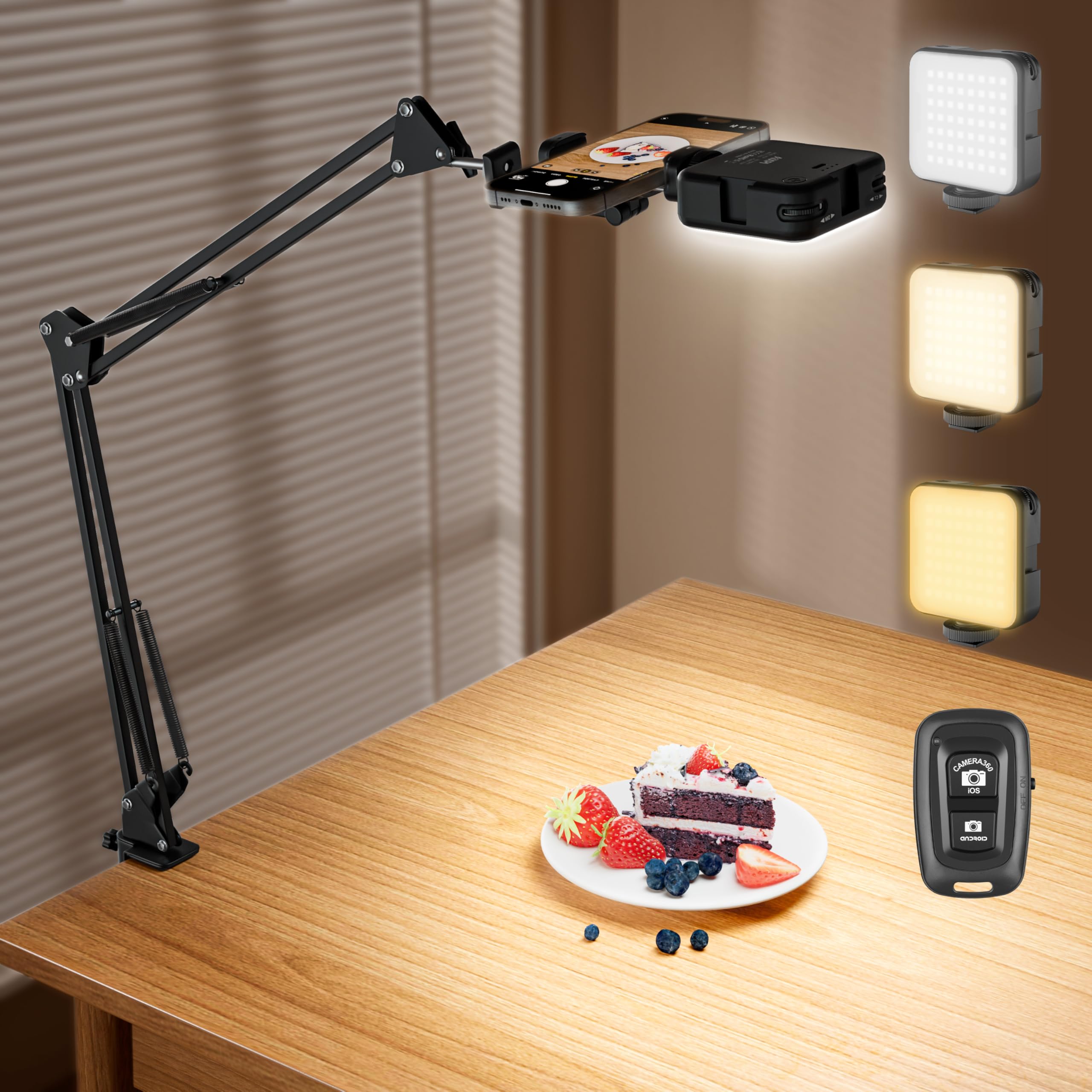 Photo 1 of Overhead Phone Mount with LED Selfie Light and Bluetooth Remote, Rechargeable Ring Light Tripod Stand with Flexible Boom Arm, Desk Phone Holder for Video Recording, Live Streaming, TikTok, Vlogging