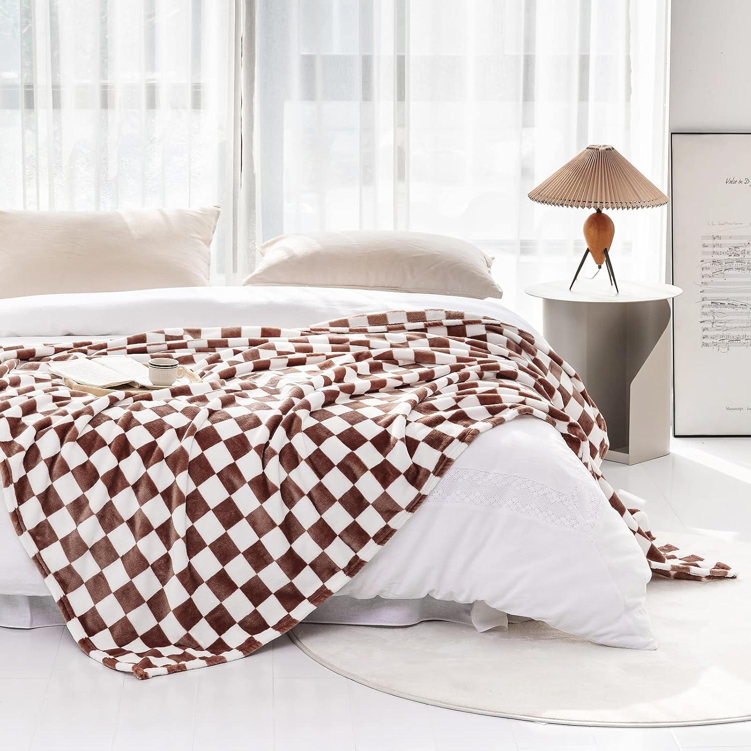LOMAO Throw Blankets Flannel Blanket with Checkerboard Grid Pattern Soft Throw Blanket for Couch, Bed, Sofa Luxurious Warm and Cozy for All Seasons (Coffee, 50"x60") - Image 2