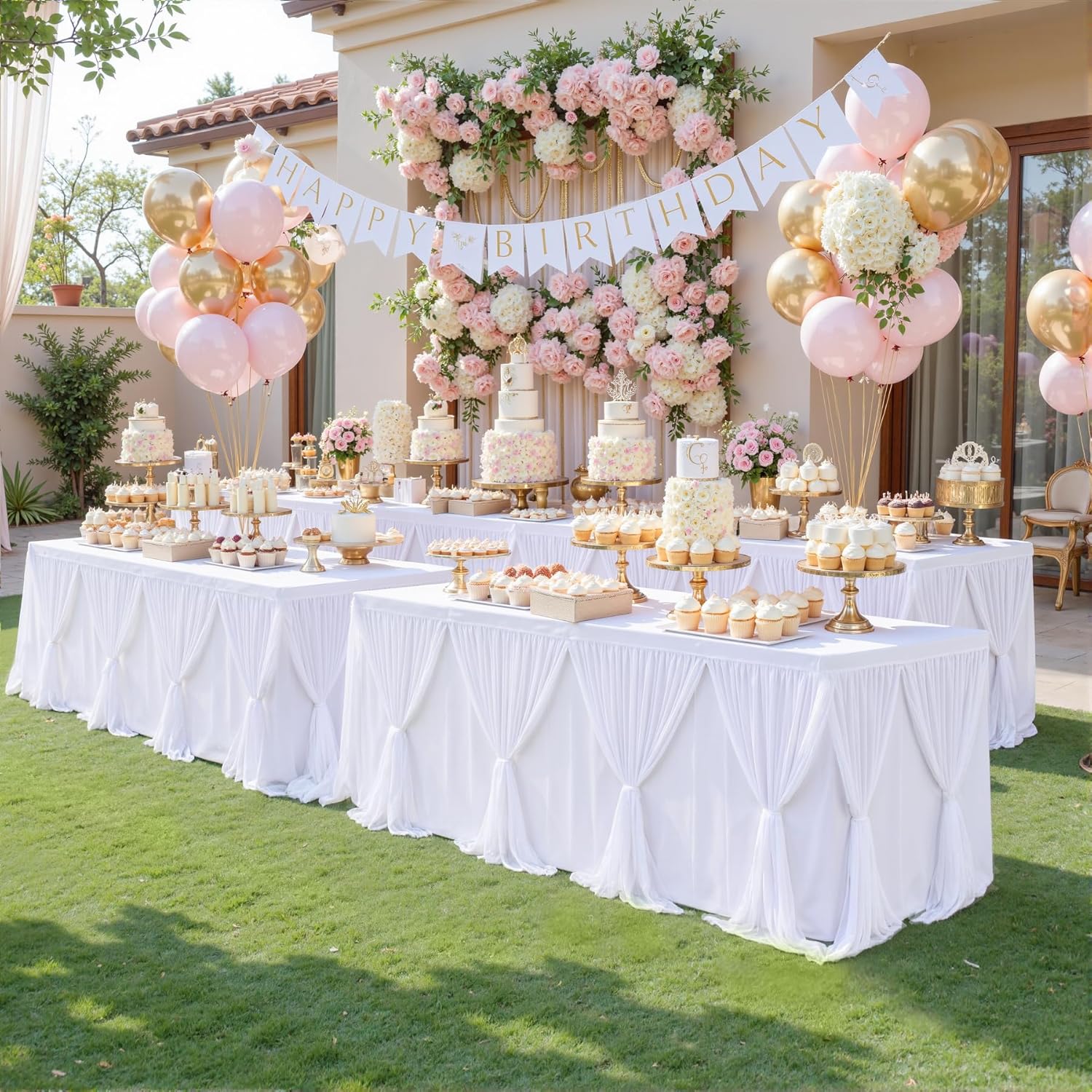 Besutolife White Tulle Tablecloth for Rectangle Tables 8ft 3 Sides for Wedding Birthday Party Bridal Shower White Tutu Ruffle Table Cloth Banquet Dinner Table Decorations 2Pack