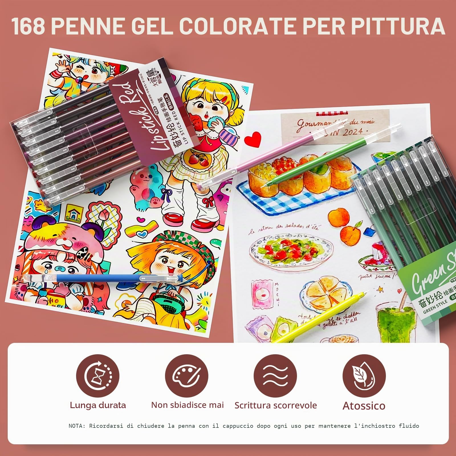 TrendGate Set di 168 penne gel, punta fine da 0,5 mm, 162 colori (159 colori + 3 bianco/3 argento/3 oro), set di penne gel per pittura, scrittura e diario