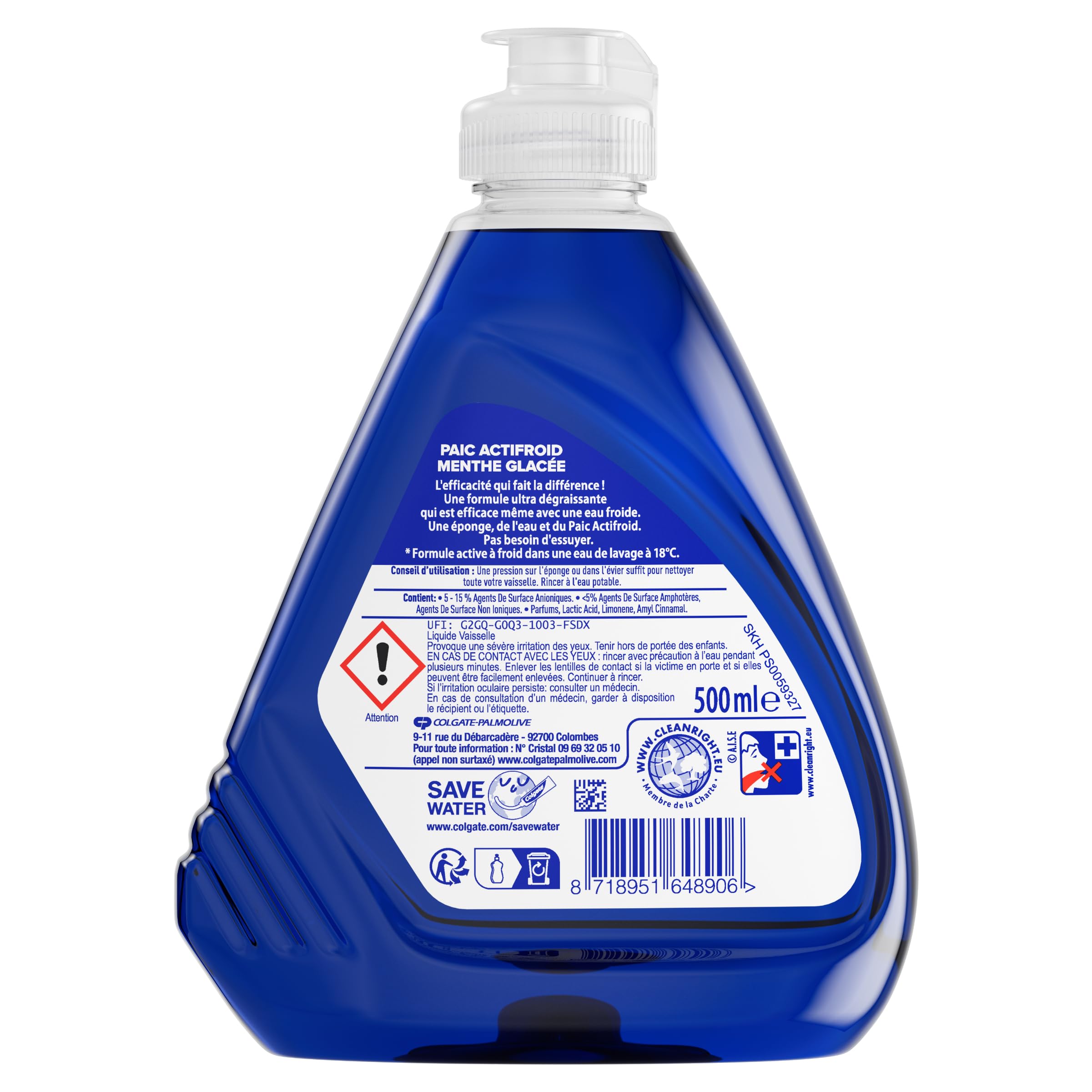 PAIC - Liquide vaisselle Actifroid Parfum Menthe - efficacité dégraissante même avec une eau à 18°C - 500ml - LOT de 12