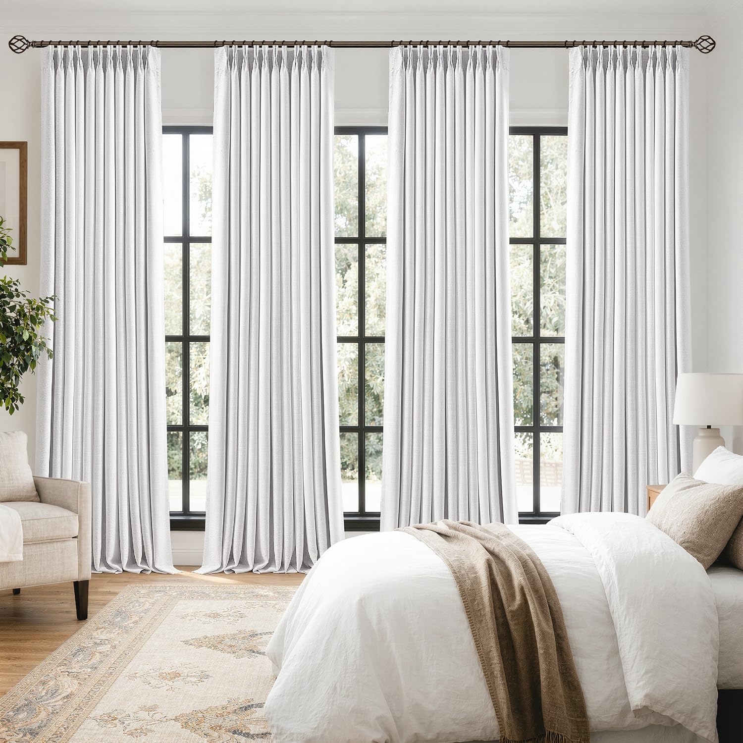 MIULEE 4 Panels Pinch Pleated 100% Blackout Linen Curtains 40"x90" White