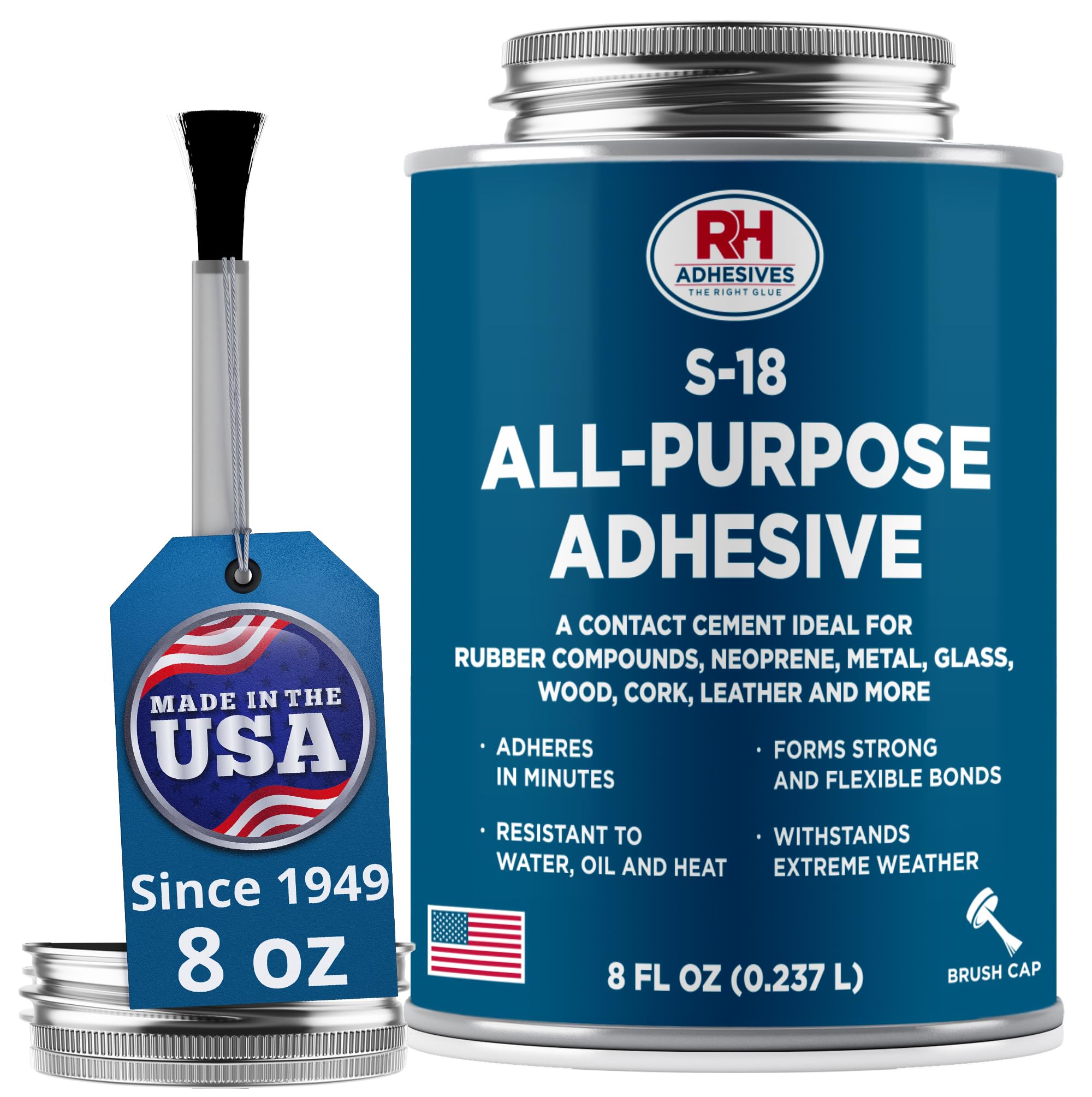 S-18 All-Purpose Adhesive, 8 oz. can - Multi-Purpose, Rubber, Metal, Leather, Felt, Wood, Neoprene, Glass, Flexible, Waterproof, Long Lasting - RH Adhesives