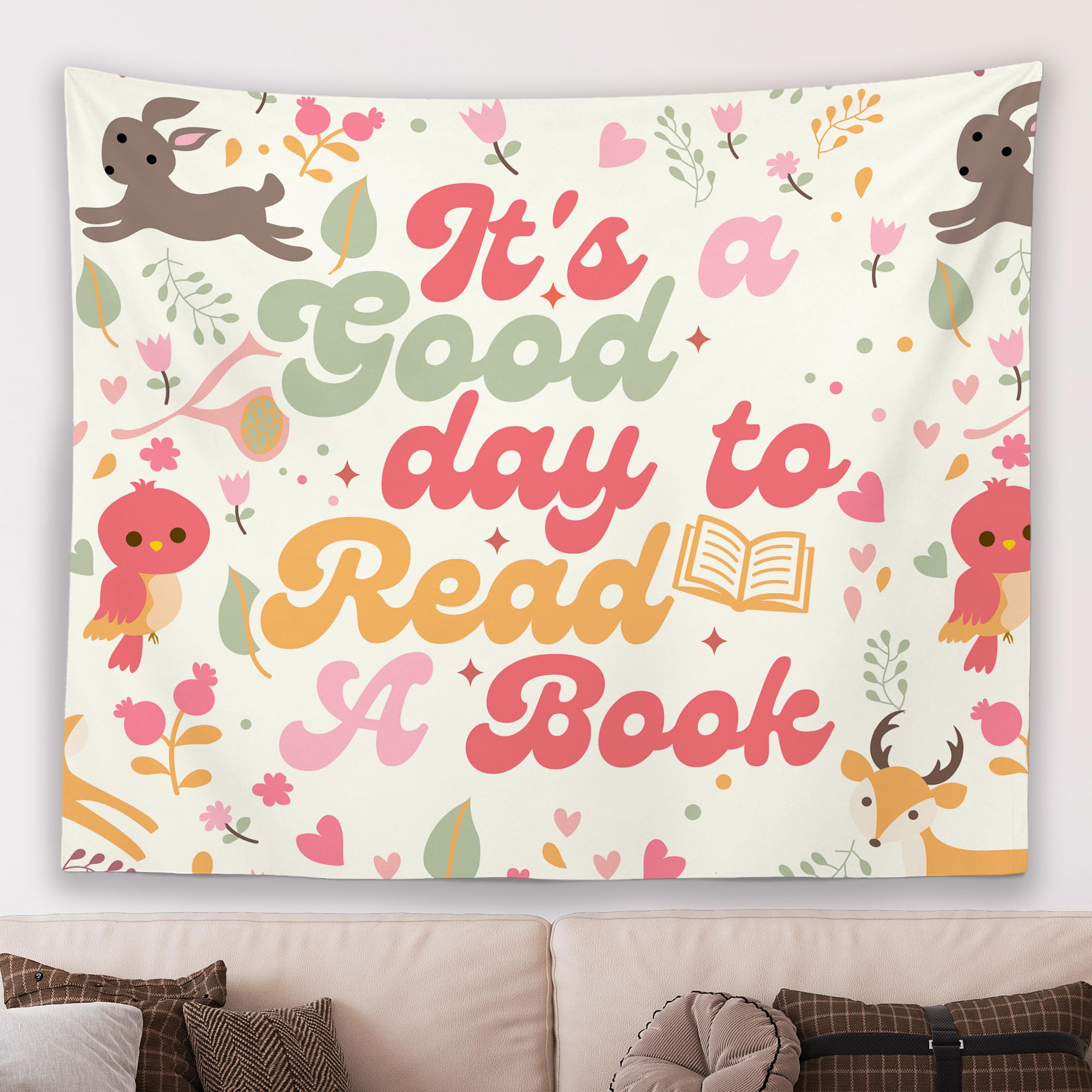 MNASAIOO It's A Good Day to Read A Book Classroom Wall Tapestry Hanging, Floral School Library Reading Banner Tapestries, Cute Animals Wall Decor for