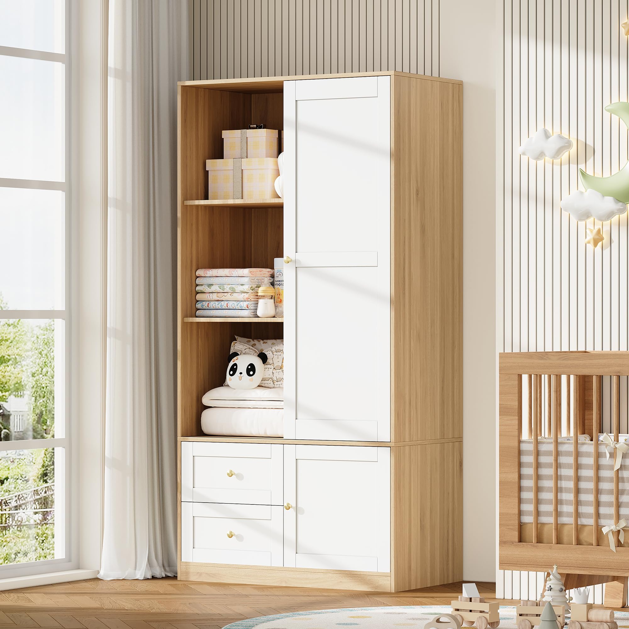 Armario con puertas correderas de madera blanca 90x50x180 cm, armario de puerta corredera multifunción con barra y cajones para dormitorio