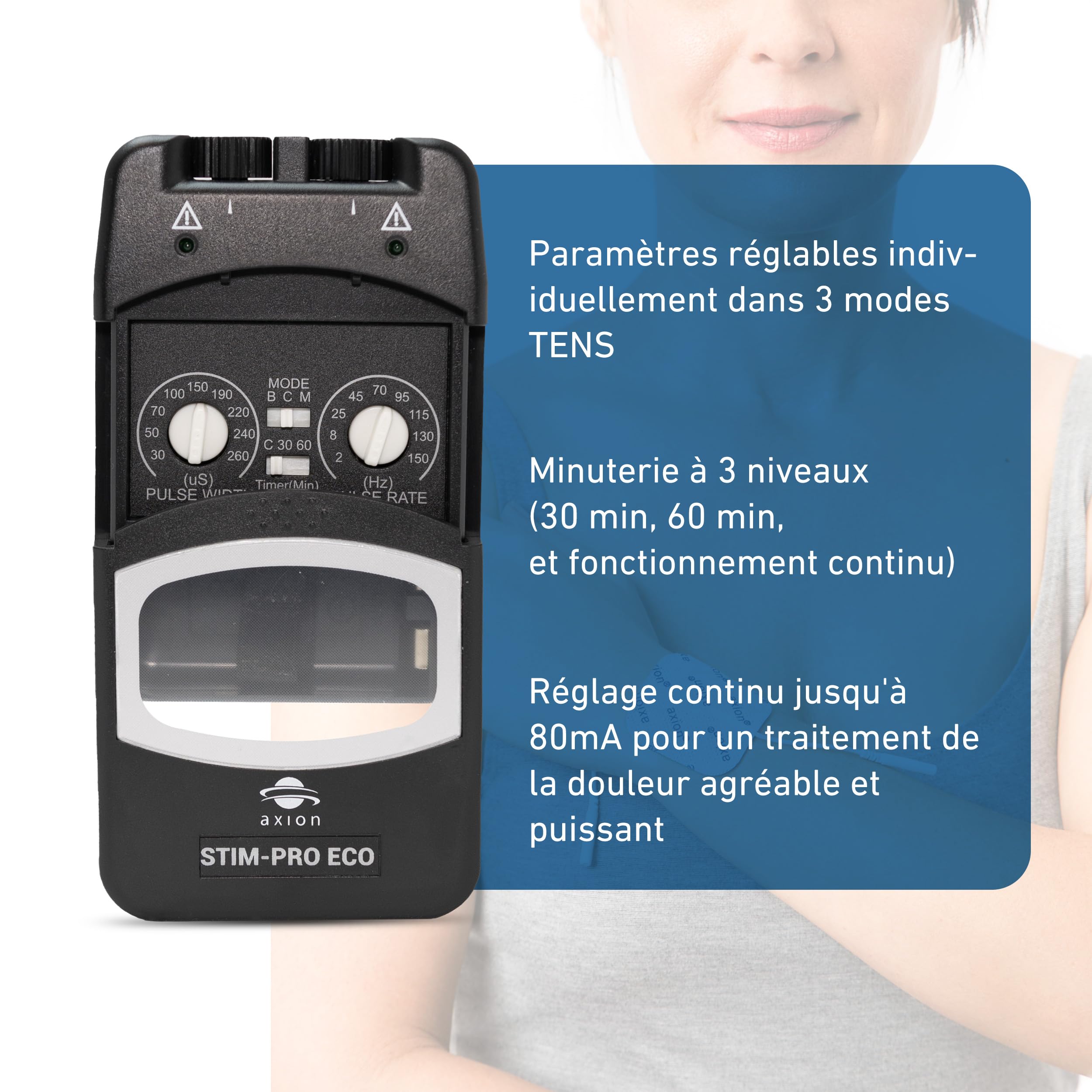 Électrostimulateur TENS manuel à 2 canaux STIM-PRO ECO axion® pour le traitement de la douleur avec 4 électrodes 5x5 cm et 1 électrode cervicale | Paramètres réglables | Batterie rechargeable 9V