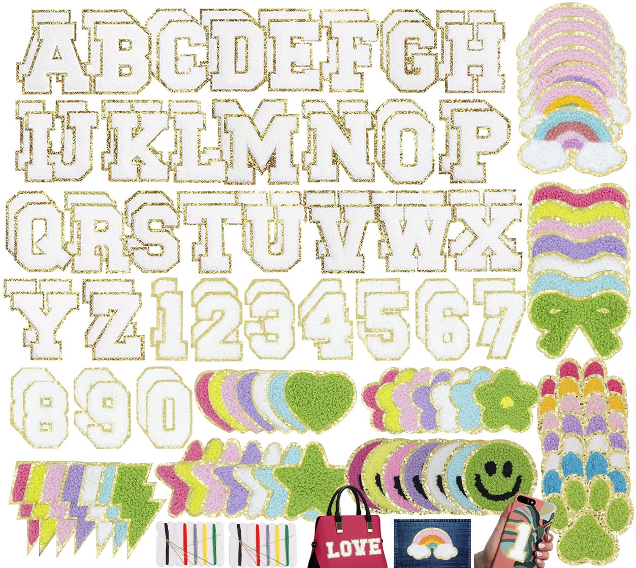 Photo 1 of 128 Pcs Self-Adhesive Chenille Letter and Number Embroidered Patches-Chenille Happy Star Lightning Heart Rainbow Flower Bowknot Paw Cute DIY Patch Stickers for Clothing Hats Bags Bottle Phone