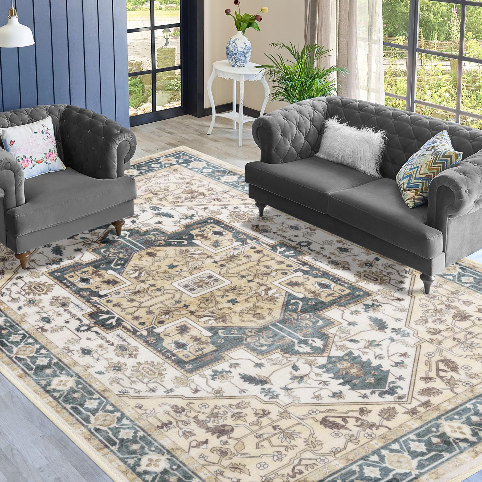 rotinyard 8x10 Area Rug Large Boho Vintage Non Slip Washable Rug for Living Room Soft Low Pile Area Rug Ruggable Farmhouse Carpet for Bedroom Dining