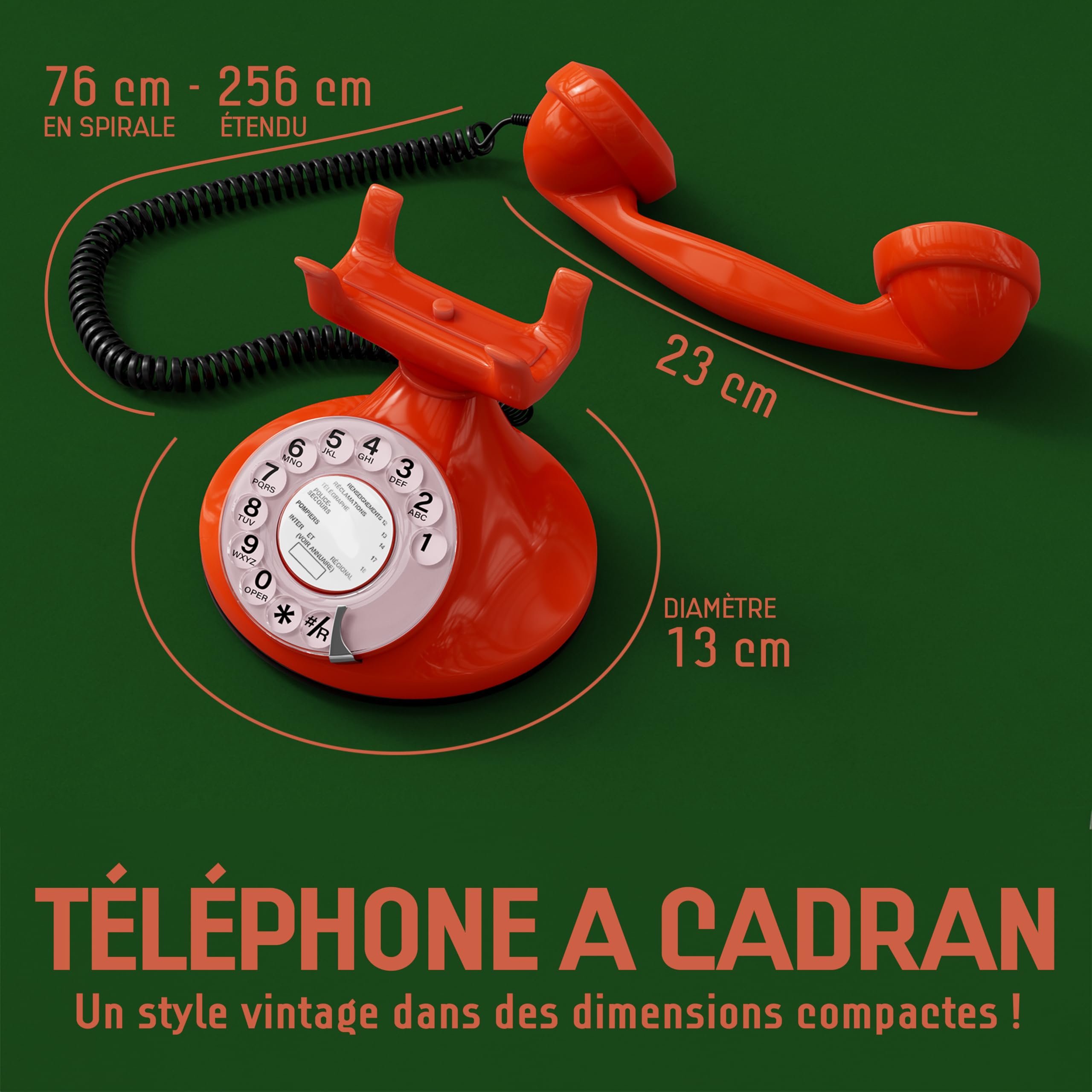 Opis Technology FunkyFon Cable : Téléphone rétro au Style des années 1920 avec Cadran Rotatif Orange