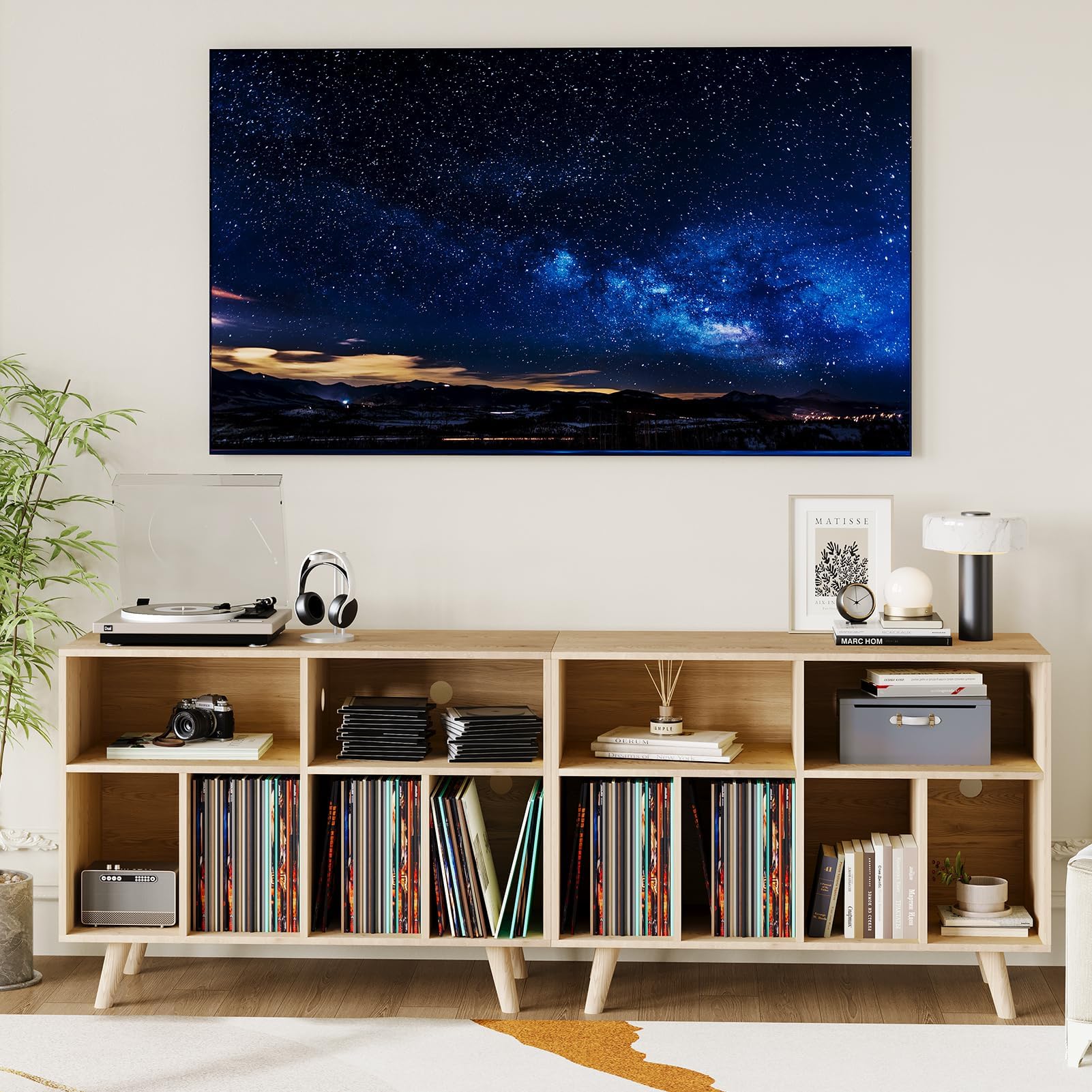 Garvee Großes Plattenspieler Regal, Schallplattenregal für bis zu 350 Vinyl, Holzregal mit USB und Steckdose – Offenes Design für Wohnzimmer, Schlafzimmer, Büro – Naturholz