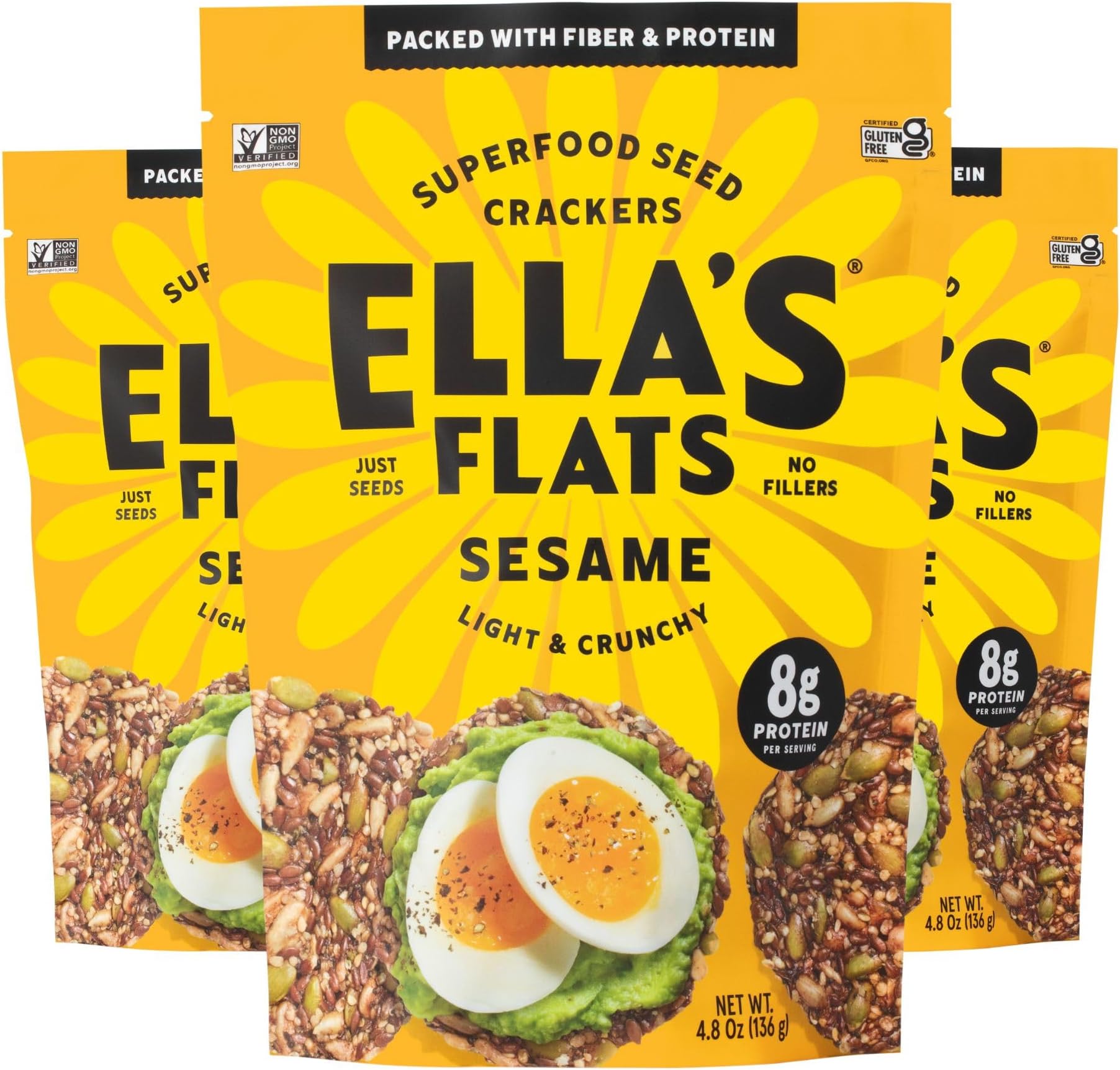 ELLA’S FLATS® Sesame All Seed Savory Crisps – All Natural, Gluten Free, Good Source of Protein, High Fiber, Vegan and Keto Friendly (3 Pack)