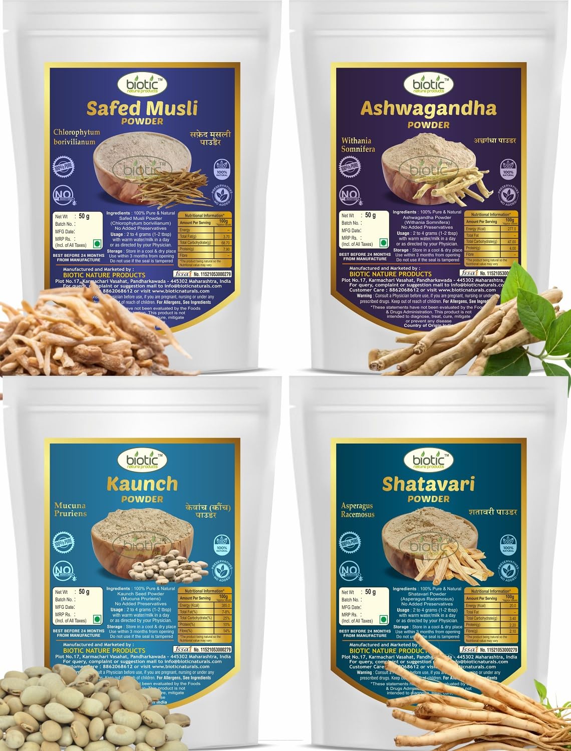 Biotic Safed Musli, Ashwagandha, Shatavari & Kaunch Samenpulver – 200 g (je 50 g)