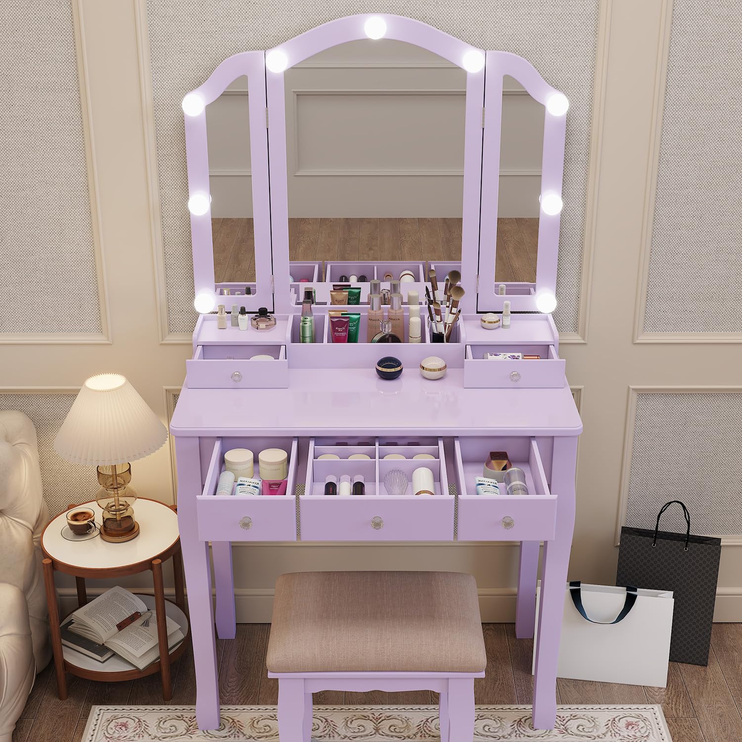 Amazon.com: YIXHQ Purple Vanity Makeup Vanity Desk with Lights