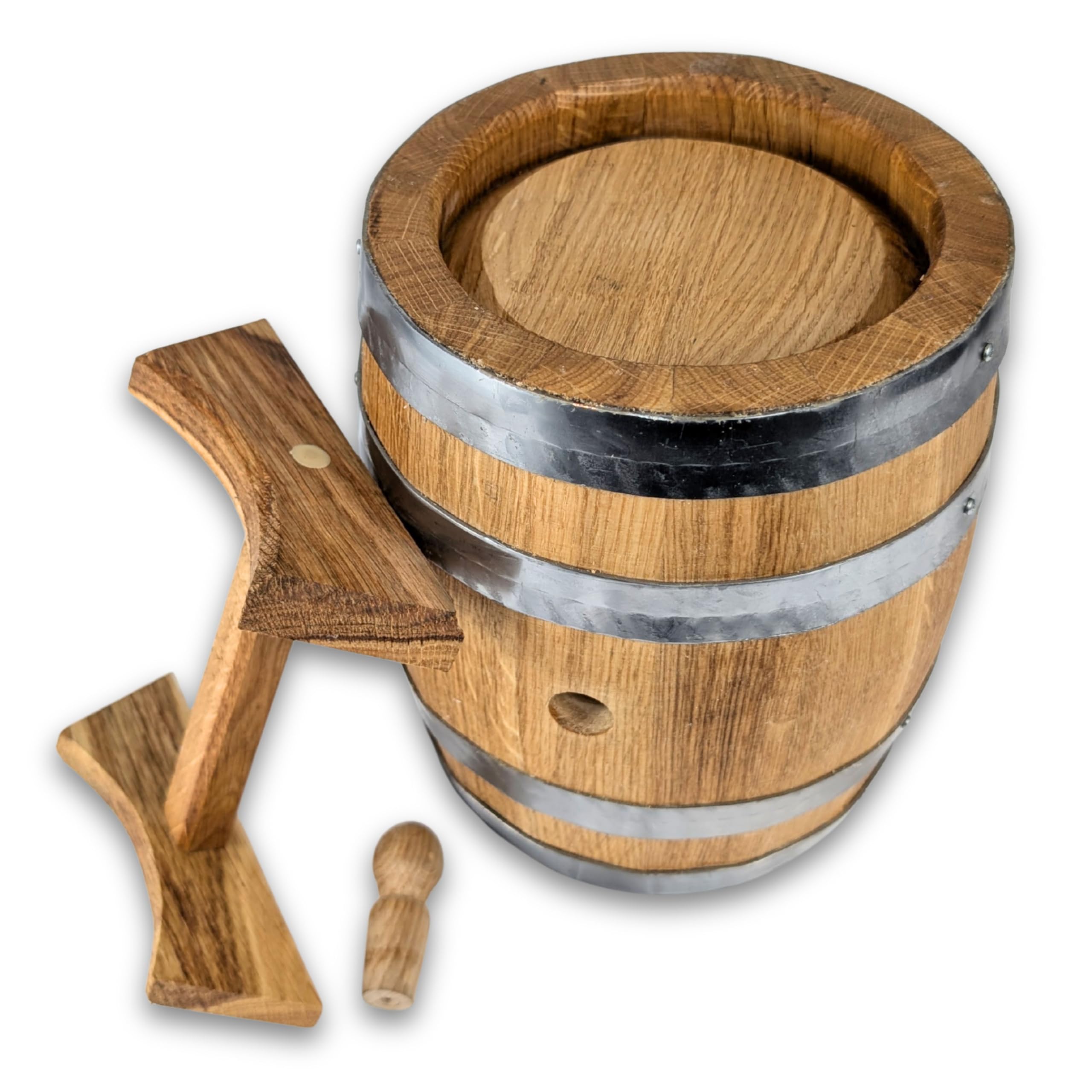 Eichenholzfass 3 Liter OHNE Hahnbohrung – Handgefertigtes Reifefass aus Stieleiche für Whisky, Wein & Schnaps – Innen ausgebrannt (Medium+), Edelstahlreifen, gewachst