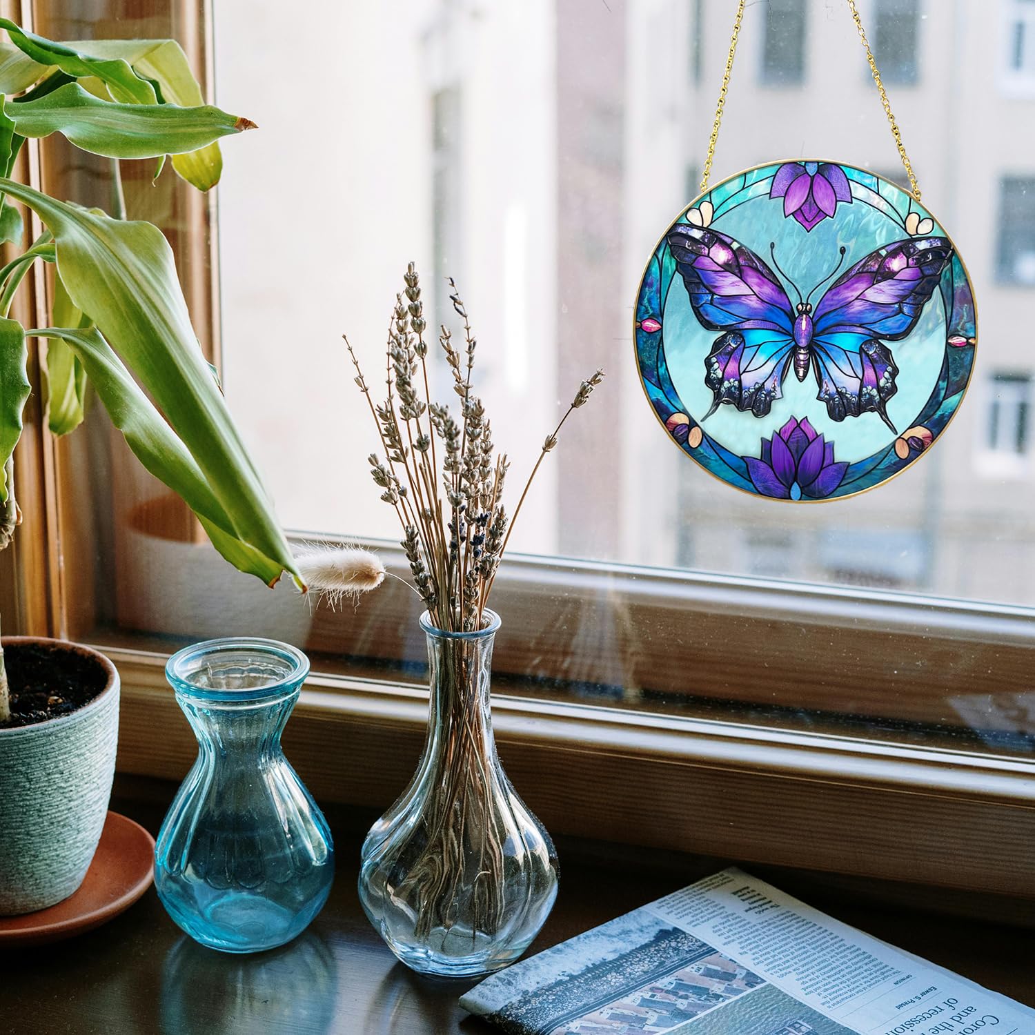 Schmetterling Buntglas Fensterbehang, 19,8 cm, handbemalt, Sonnenfänger, Glasscheibe, Wandkunst, Dekor mit Kette, Schmetterlings-Geschenke für Frauen, Mutter, Oma, Außen- und Innenbereich