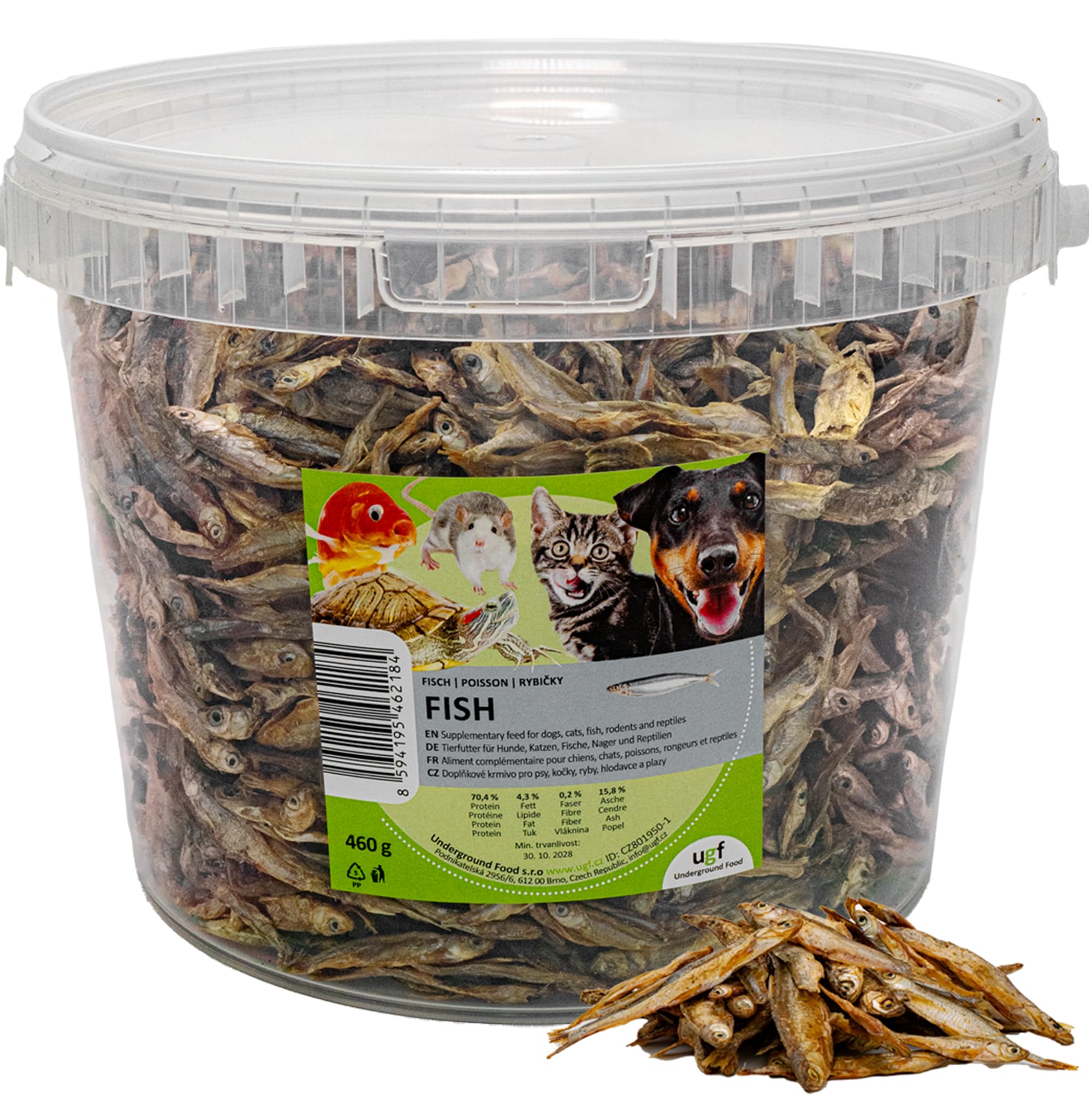 UGF - Trockenfisch für Hunde - 460g im 3 Liter Eimer, Hunde Leckerlis, Hundeleckerli Getreidefrei, Getrockneter Fisch, Hypoallergen, Diätetisch, Trainingsleckerli, Kauartikel