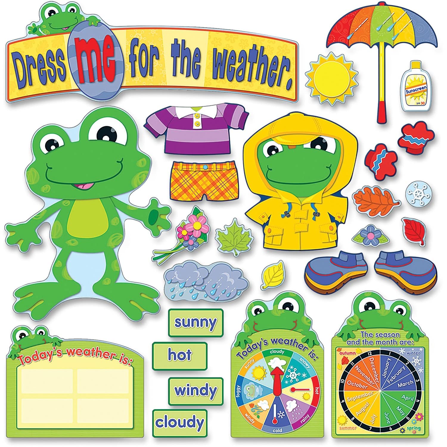 Carson-Dellosa Carson Dellosa Funky Frog Weather Bulletin Board Set—Seasons and Daily Weather Charts Bulletin Boards Decorations With Seasonal Accents, Homeschool or Classroom Decor (82 pc)
