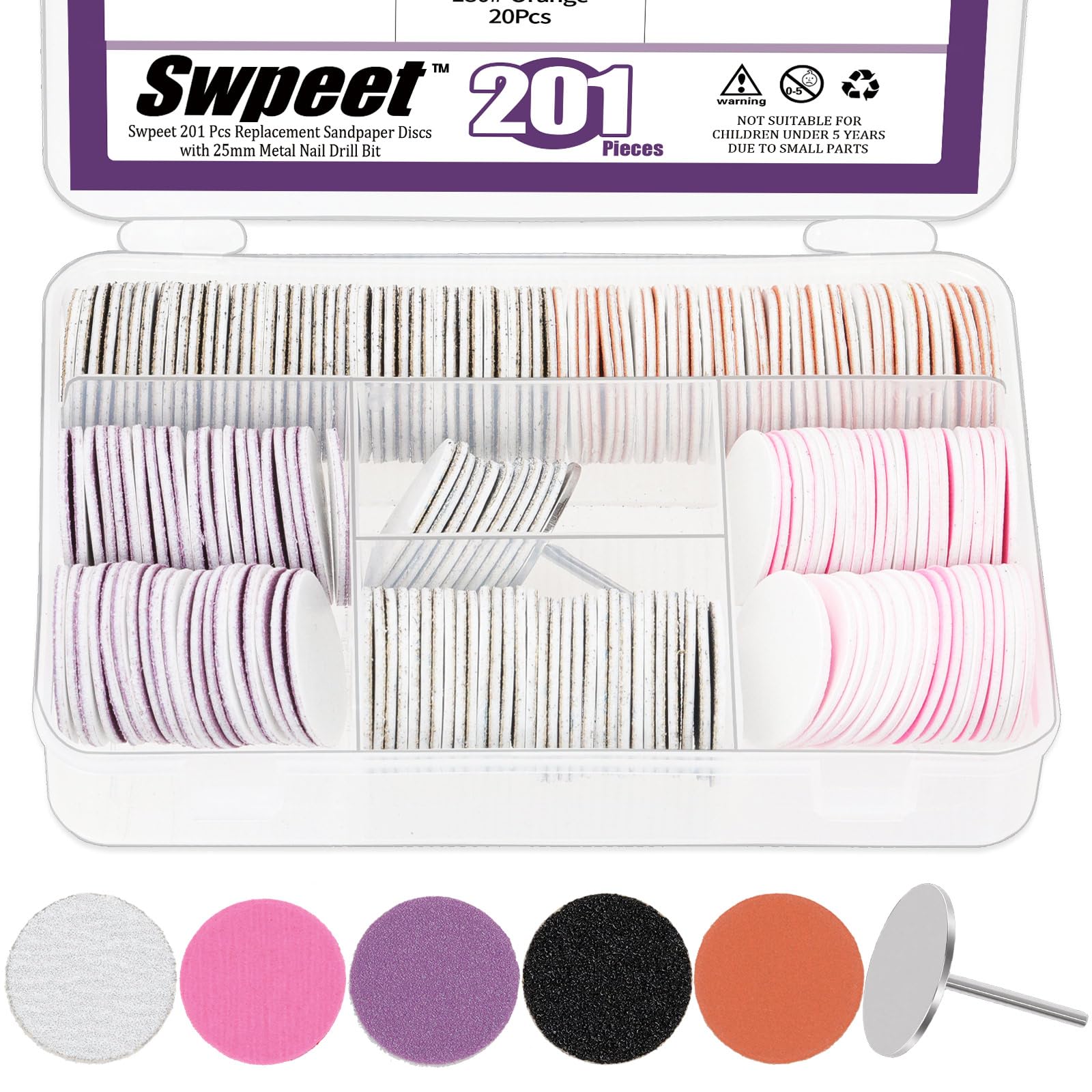 Swpeet 201Pcs 5Colors 80# 120# 150# 180# 240# Grids sostituzione disco di carta da levigatura con metallo unghio trapano bit kit, dischi di carta da levigatura, dischi di levigatura autoadesivi bit