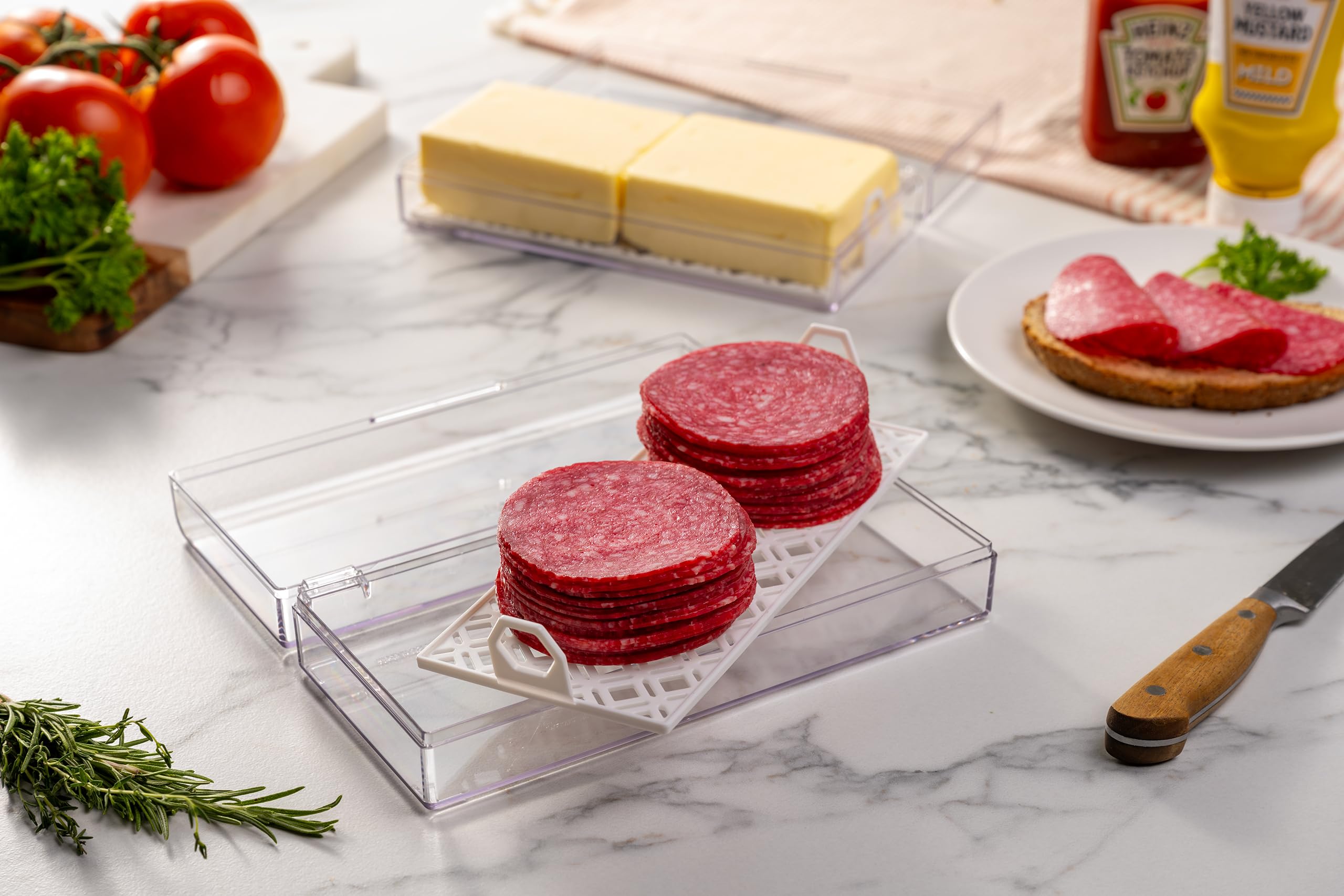 Pikanty Contenedor de carne Deli para refrigerador con bandeja extraíble, hermético para embutidos, queso en rodajas, jamón, pavo, salami y pepperoni, tapa con bisagras, apto para lavavajillas