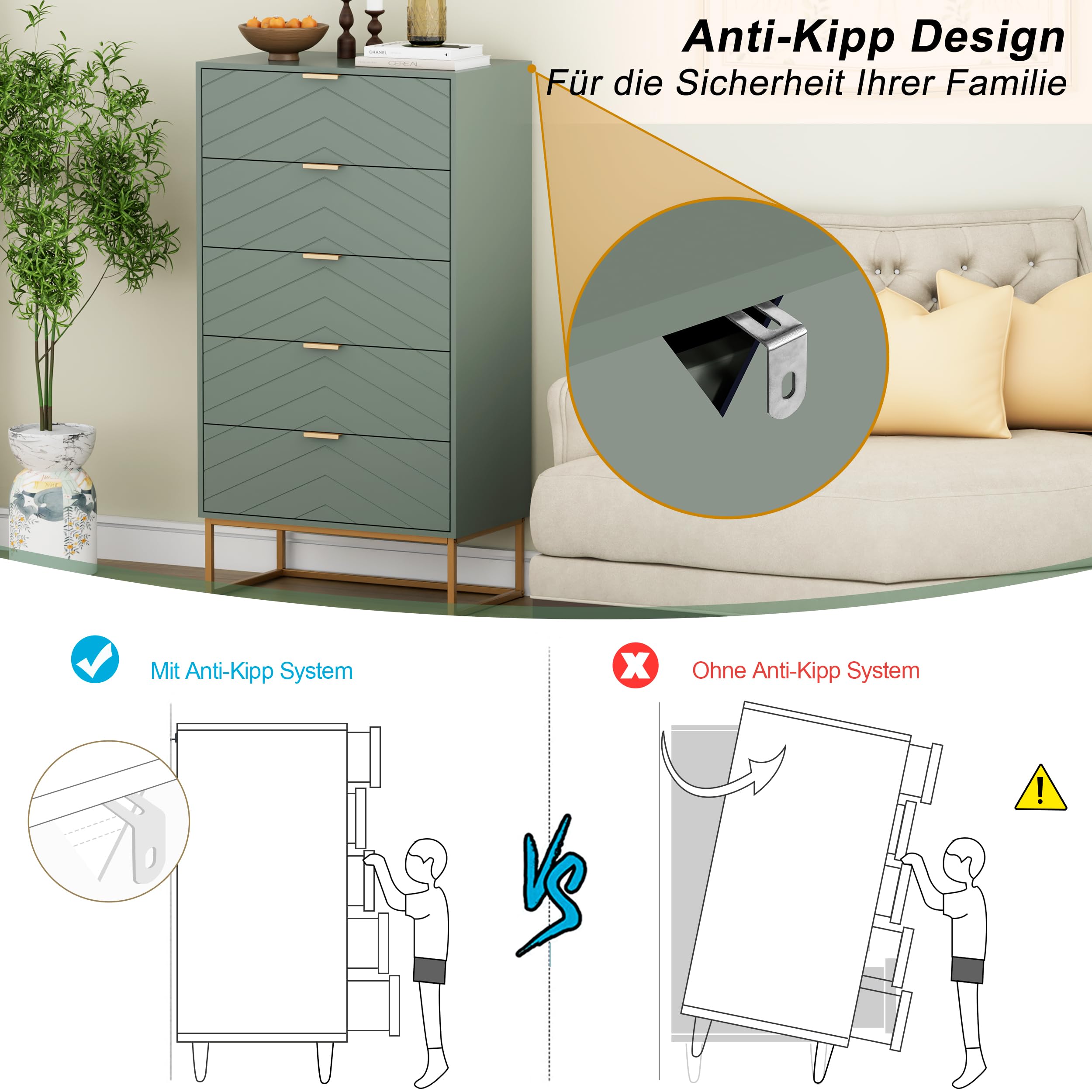 UEV Kommode mit 5 Schubladen Schrank Holz mit Kippsicherung Metallfuß Highboard Sideboard Schmal kommode Beistellschrank für Wohnzimmer Schlafzimmer,Flur 60x34x110cm (grün)