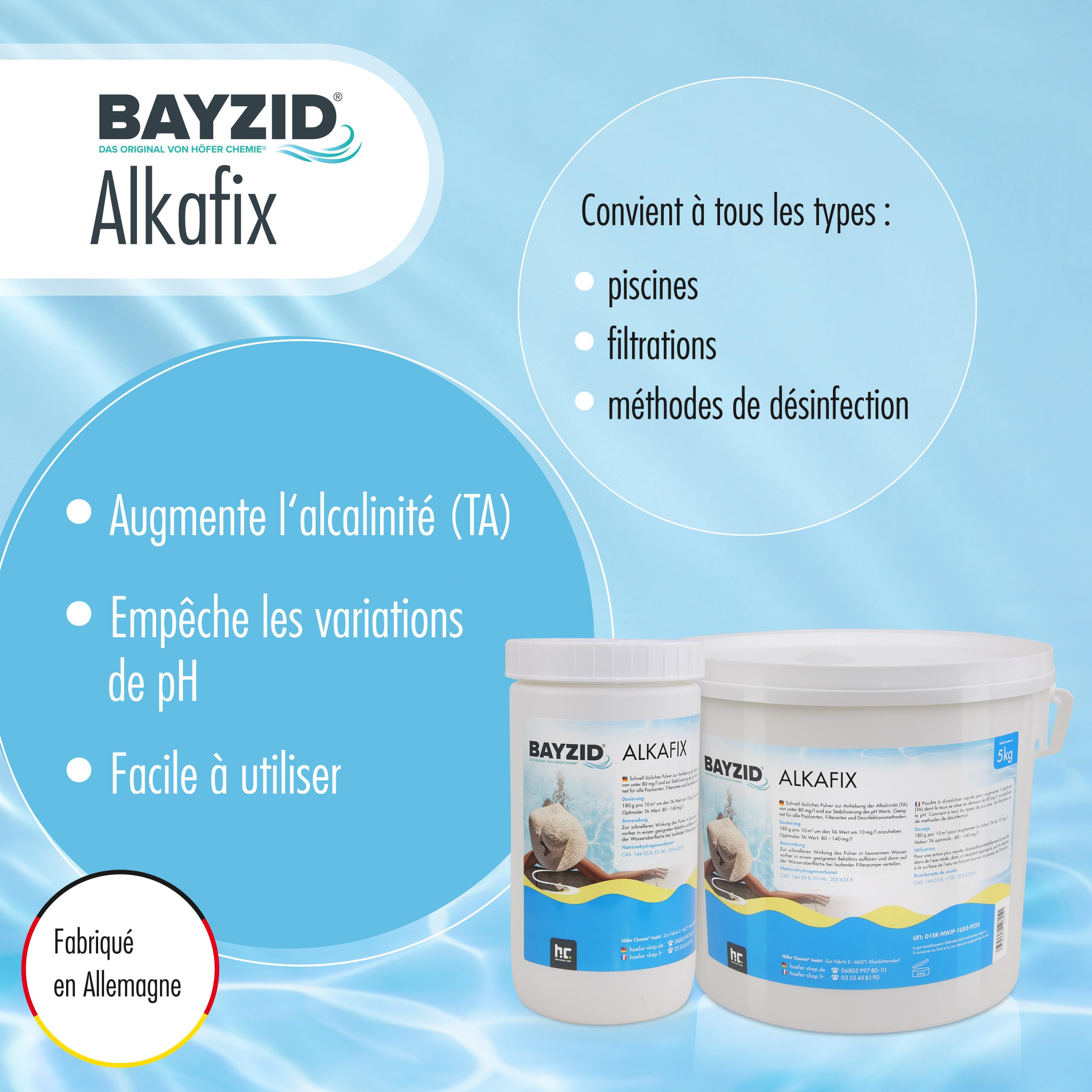 Höfer Chemie 5 kg BAYZID® Alkafix - Augmentation Rapide et Efficace de l’Alcalinité (TA) pour Piscines, Stabilisation du pH, Doux pour la Peau et Les Yeux