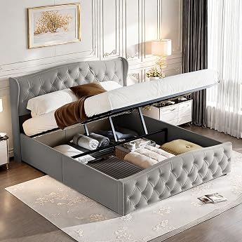 Upholstered Bed 160 x 200 cm Hydraulic Storage Bed with Style and Comfort Functional Bed Youth Bed Including Slatted Frame and Modern Headboard Velvet Mattress Not Included Grey 160 x 200 cm