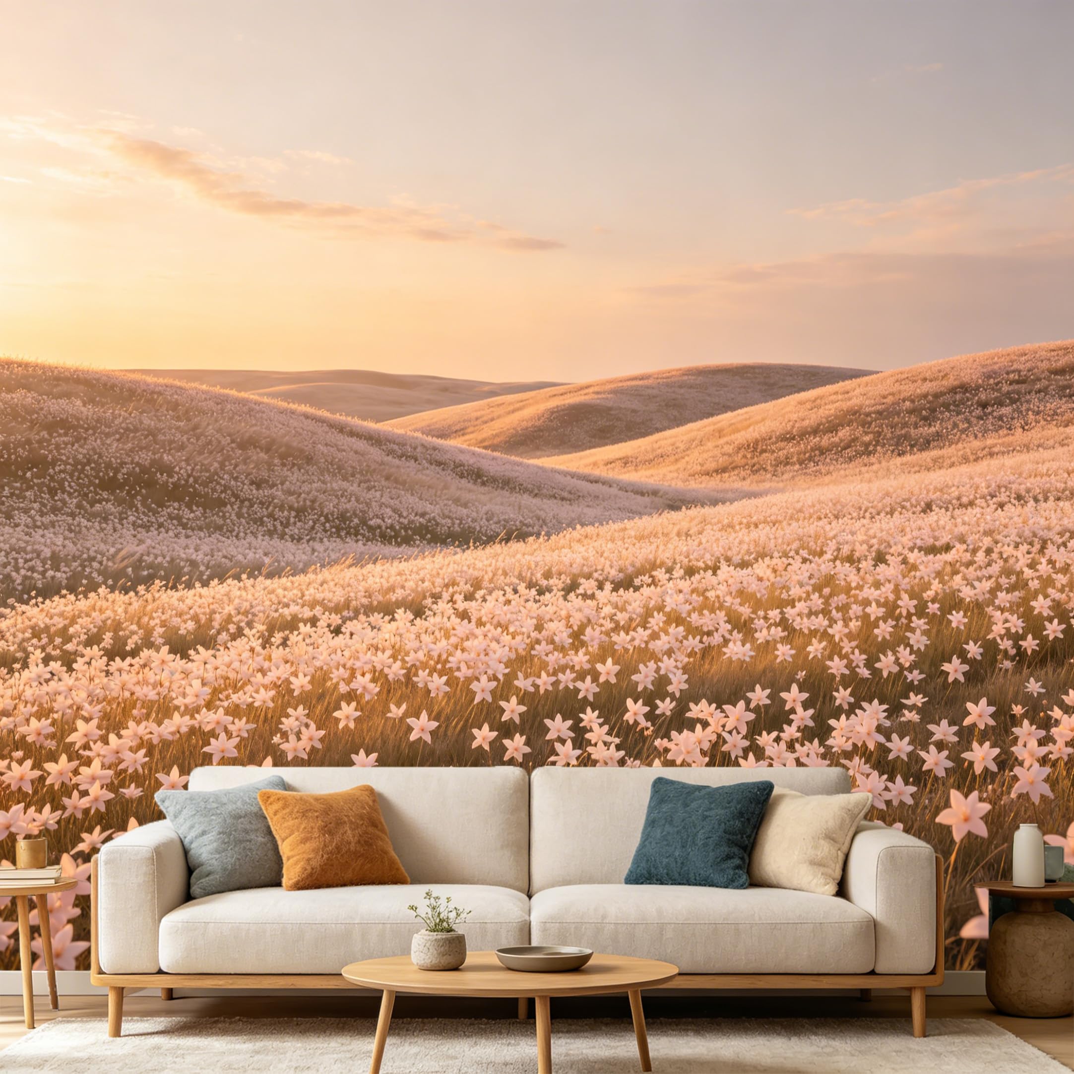 Custom Size Wall Mural Landscape Sunset Golden Hills Wildflower Meadow SelfAdhesive Art Prints wall Fabric（No PVC） Removable Wallpaper Home Bedroom Decor