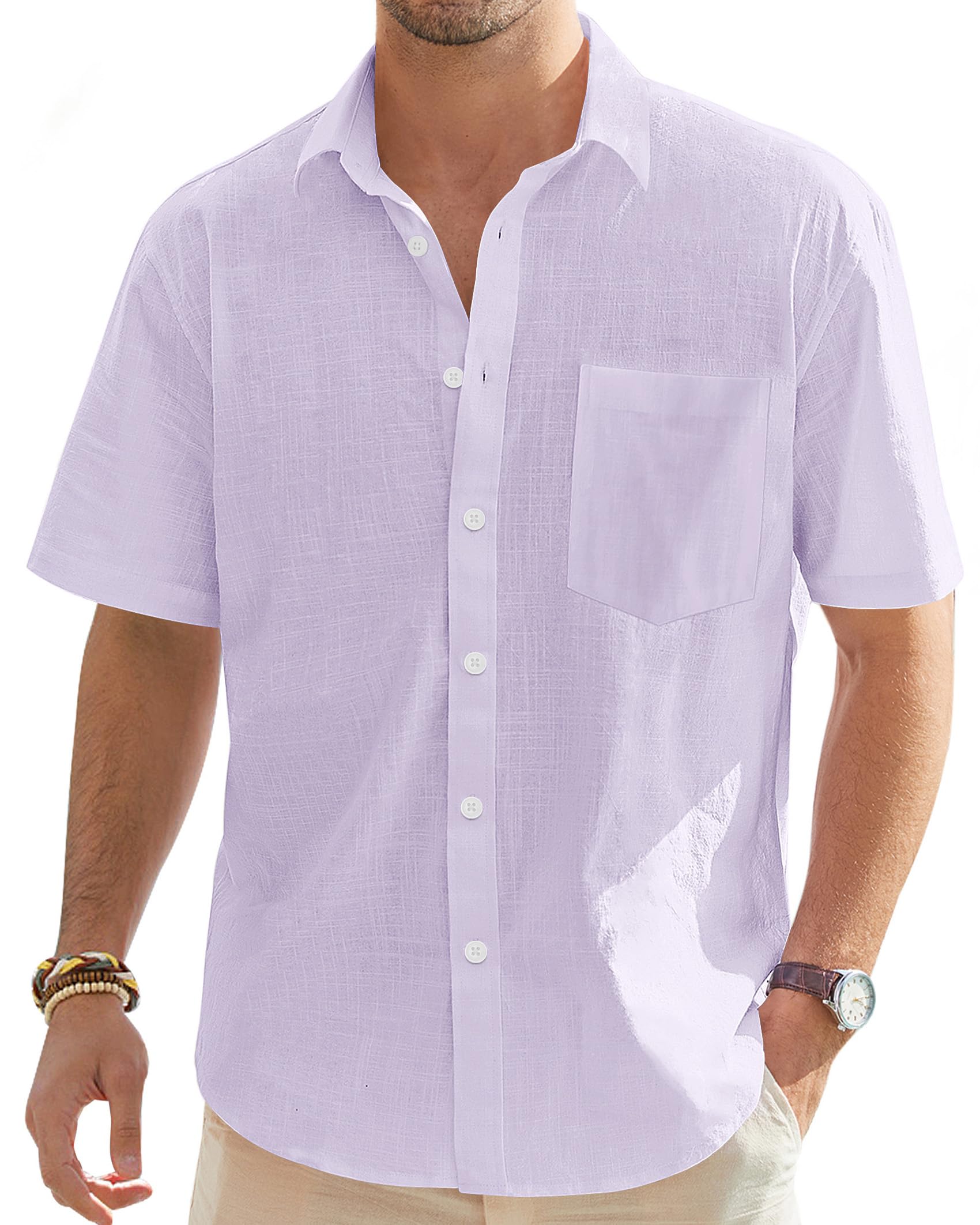 Men's Short Sleeve Linen Shirt Regular Fit Casual Summer Beach Shirt with Pocket