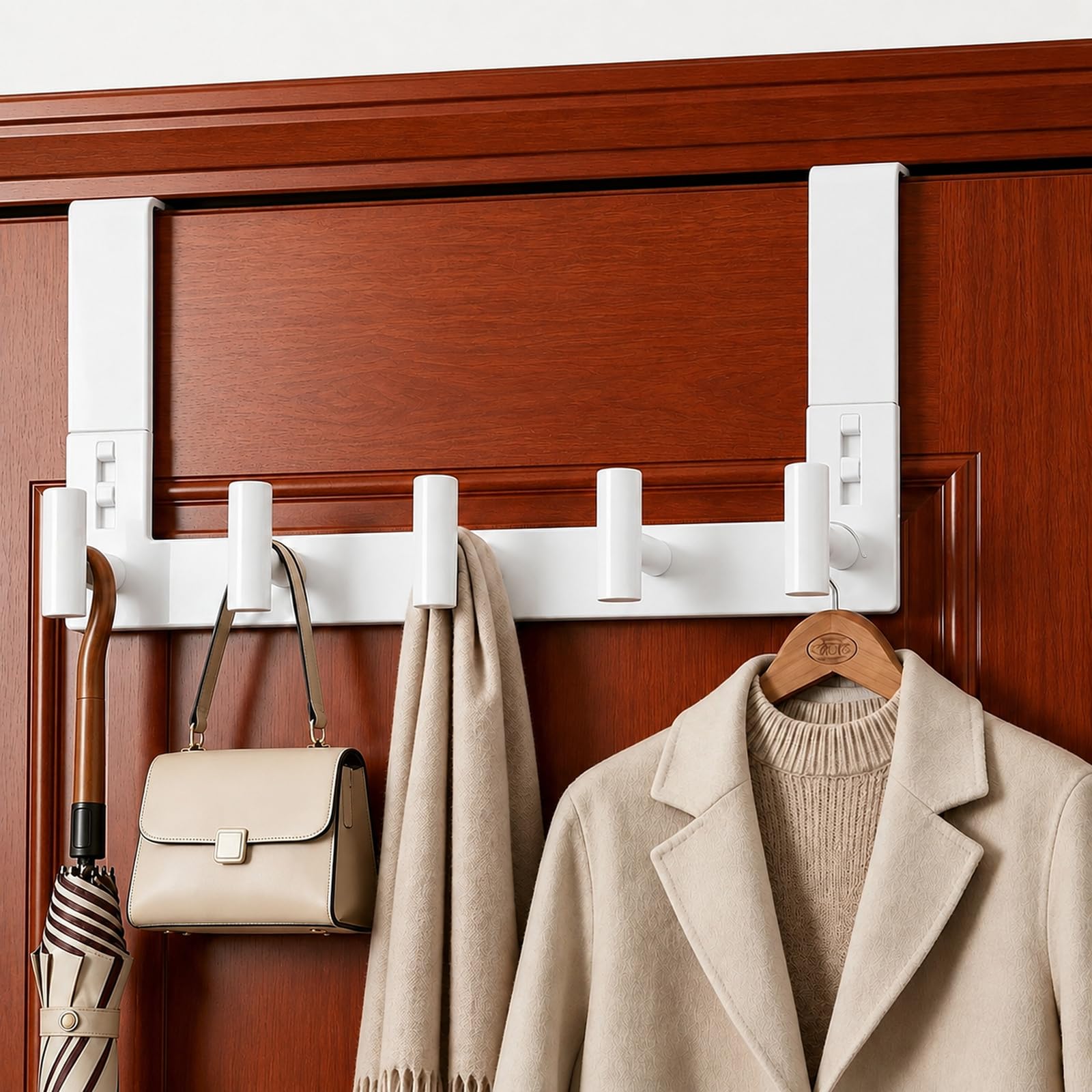 Stainless Steel Over The Door Hooks, Bathroom Towel Holder Door Mount Coat Rack Towel Rack for Bedroom, Doors Hangers Towel Hooks for Bathroom Dorm Essentials (1 Pack,White-5 Hooks)
