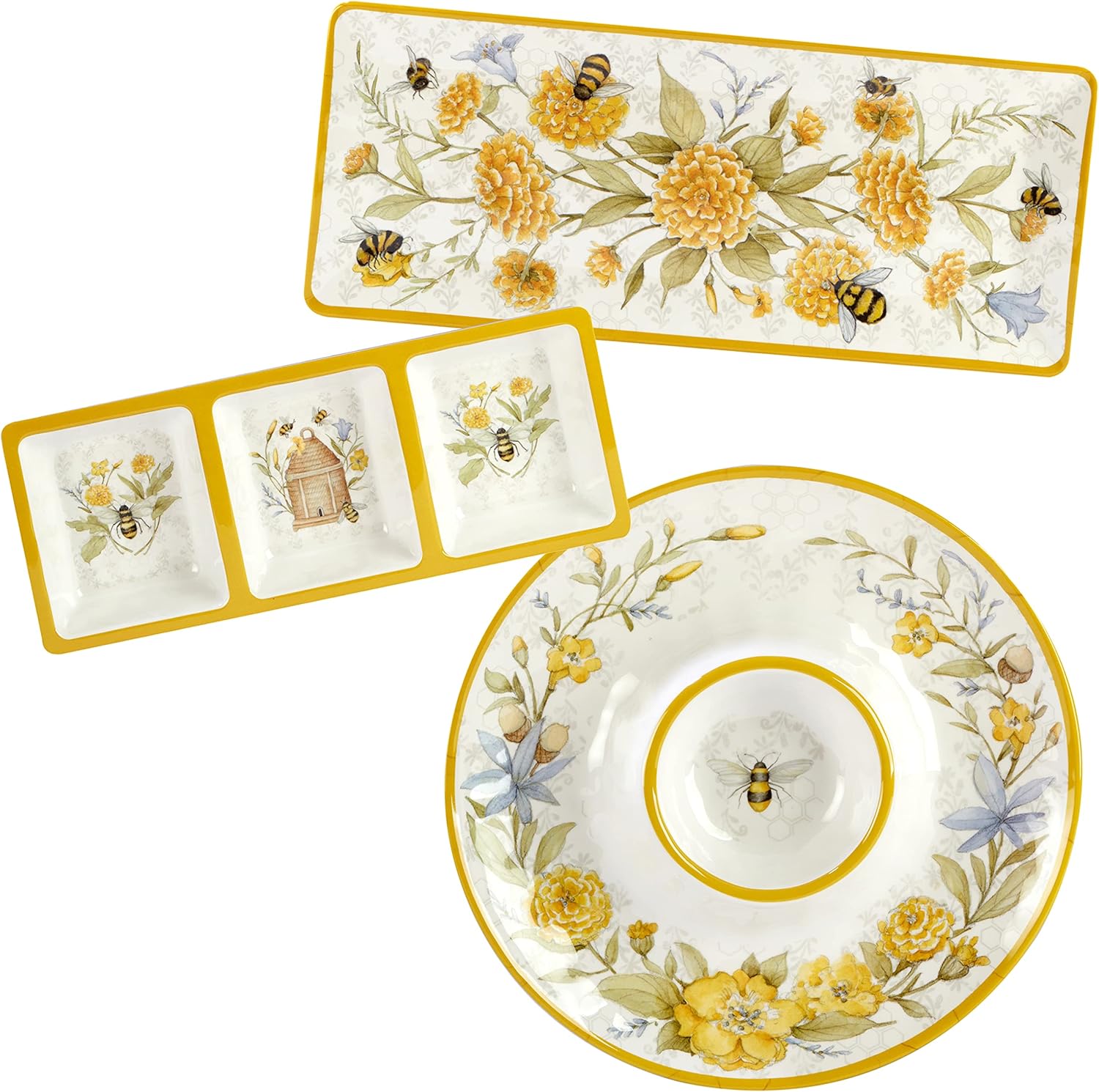 Bee Sweet 3-Piece Melamine Serveware Set – Includes 14.5" Chip & Dip, 14.5"x5.75" 3-Section Tray & 19"x8" Platter with Bee & Floral Designs for Spring Entertaining & Outdoor Dining