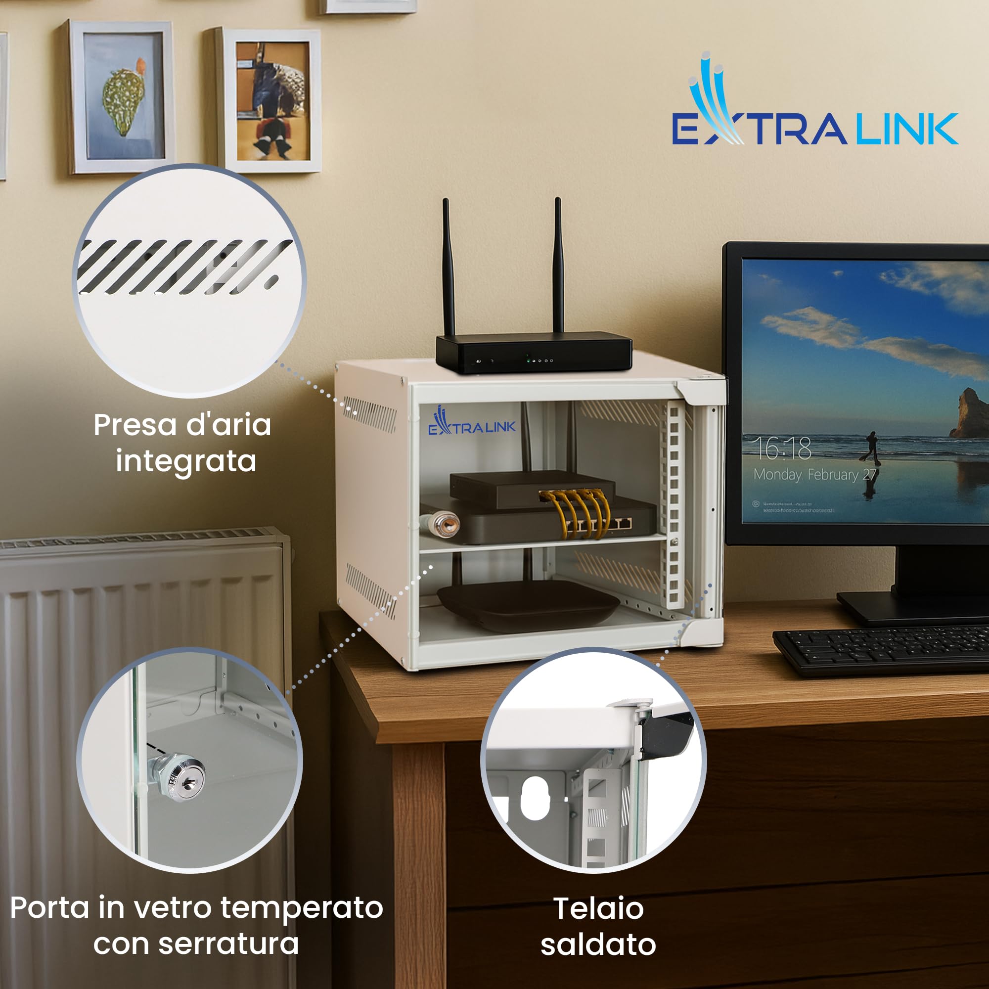 Extralink Armadio Rack 10 cali 4U 310 mm 30 kg drzwi szklane otwierane 180° szary