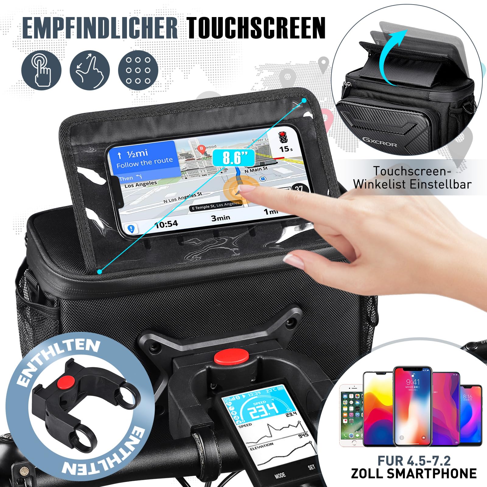 GXCROR Fahrradtasche,6L,Lenkertasche Fahrrad,Fahrradtasche Lenker,Wasserdicht,Mit Lenkeradapter,Fahrradtaschen,Fahrrad Tasche Fahrradkorb Vorne Ebike