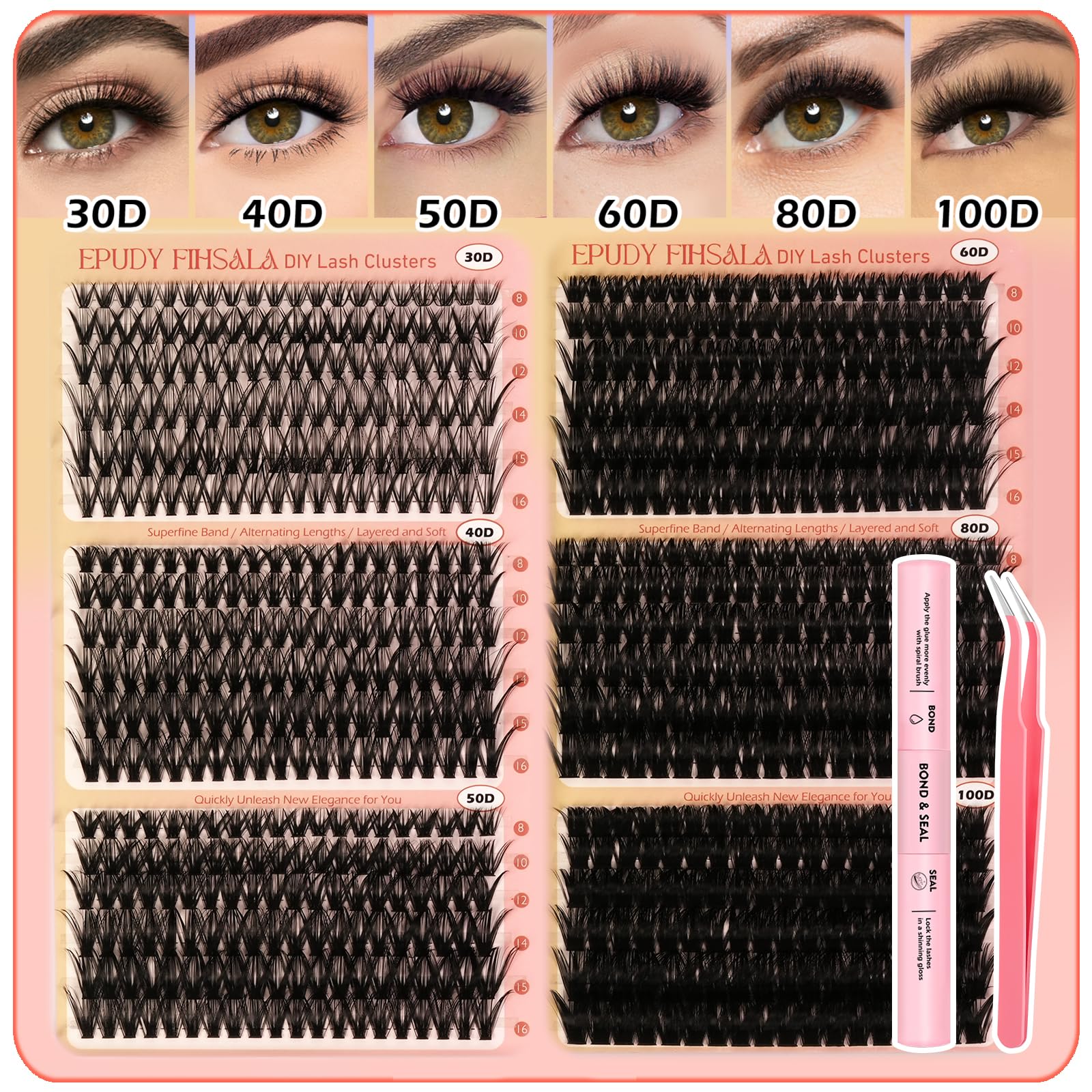 Volume Lash Clusters Kit 30-100D DIY Eyelash Extension 708pcs Thick Individual Lashes 8-16mm with Lash Bond and Seal