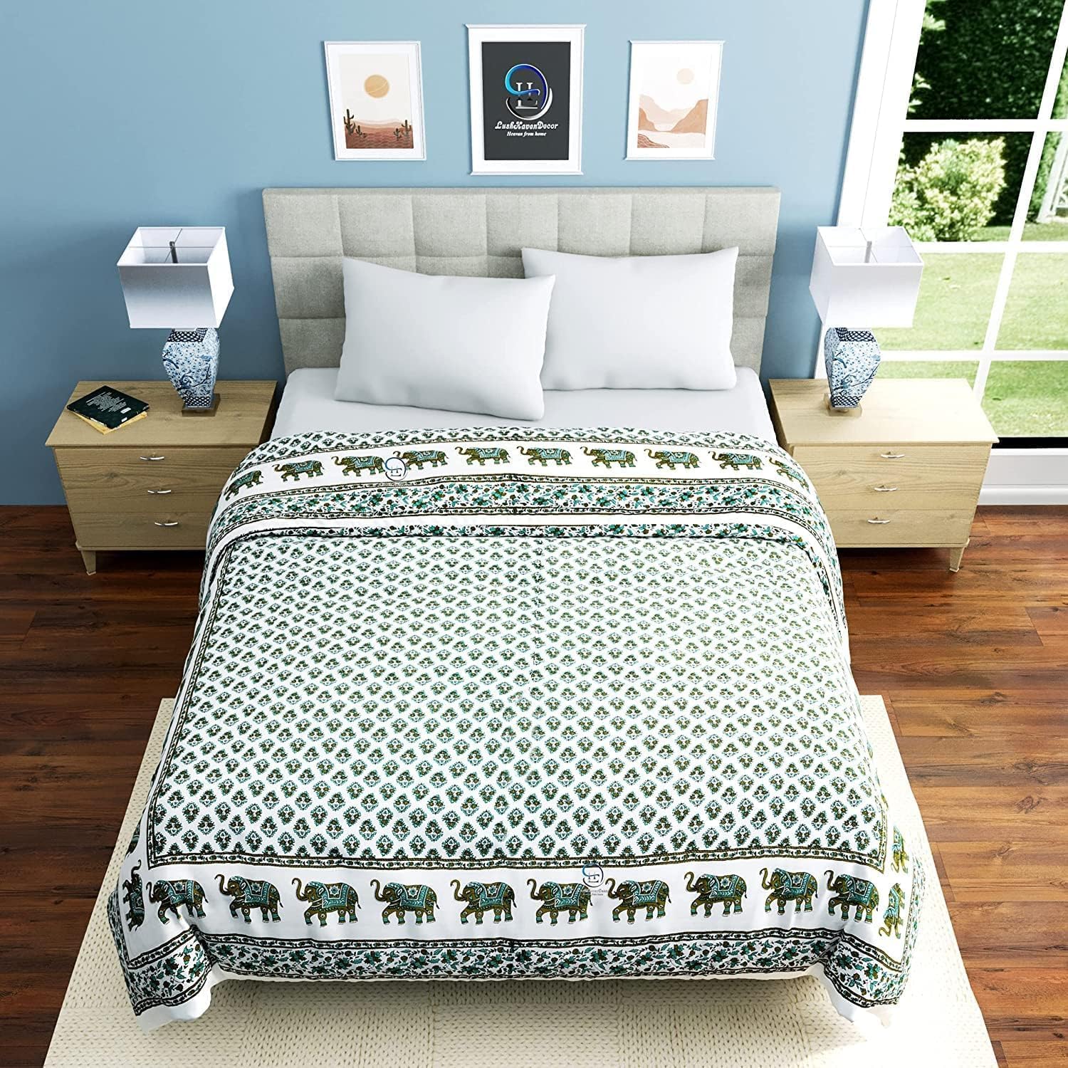 Pure Cotton 400 Thread Count Lightweight Bedspread Jaipuri Pattern Printed Razai/Rajai Quilt Bedding Soft Comfortable All Season (Design-D-03)