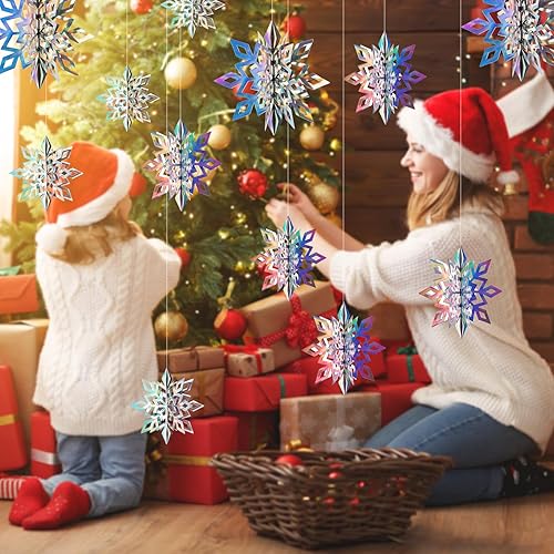 Miniatura 8 de Decoraciones colgantes de copos de nieve de Navidad, 12 unidades, adornos colgantes de copos de nieve plateados grandes en 3D, guirnalda para