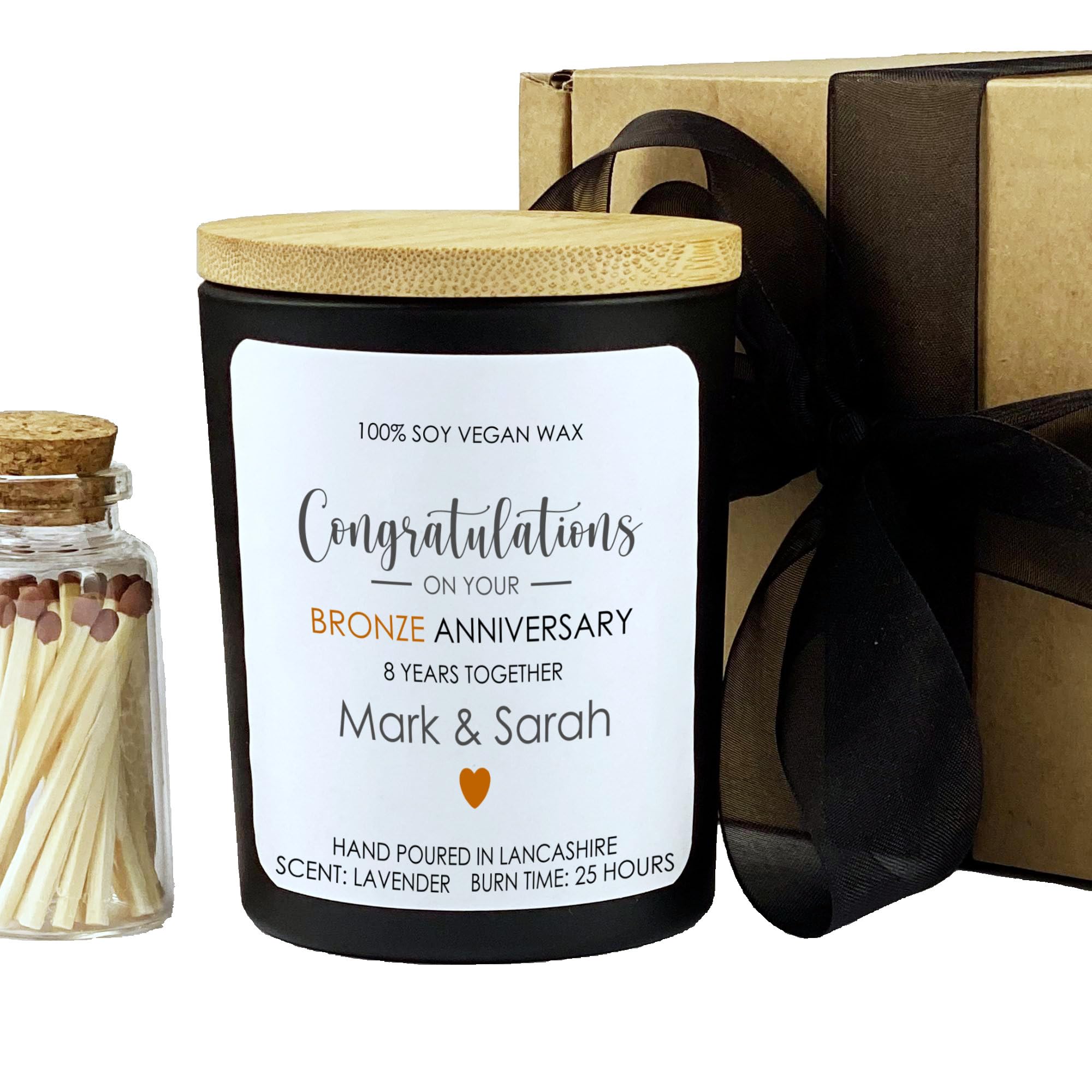 Handmade Personalised 8th Wedding Anniversary Candle, Gift for Couples, Hand Poured Soy Wax Vegan Scented Candle, Mr & Mrs Gift, Bronze Anniversary (Black Votive, Lavender)