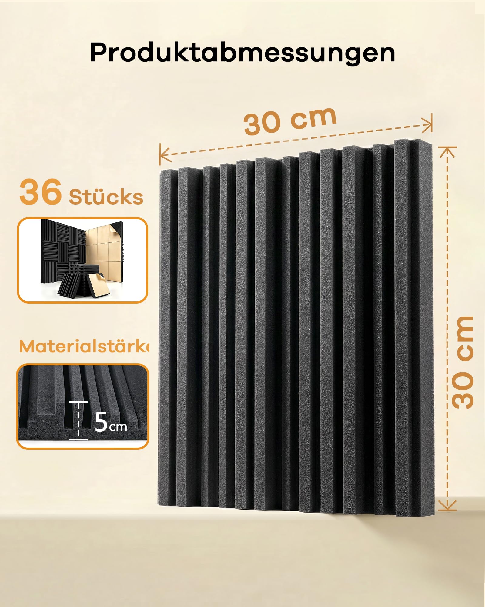 36 Stück Akustikschaumstoff Selbstklebend, Schwarz Gerillte Akustikpaneele 30 x 30 x 5 cm, Hohe Dichte Wandpaneele für Schalldämmung, Schallschutzplatten für Gaming Zimmer und Büro