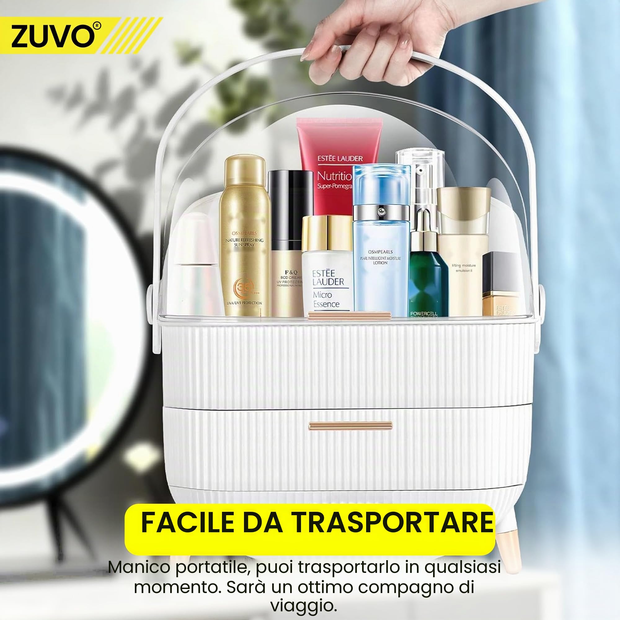 Zuvo Organizer per trucchi con 2 grandi cassetti, espandibile per cosmetici e prodotti per la cura della pelle e la toeletta, colore bianco, elegante e durevole