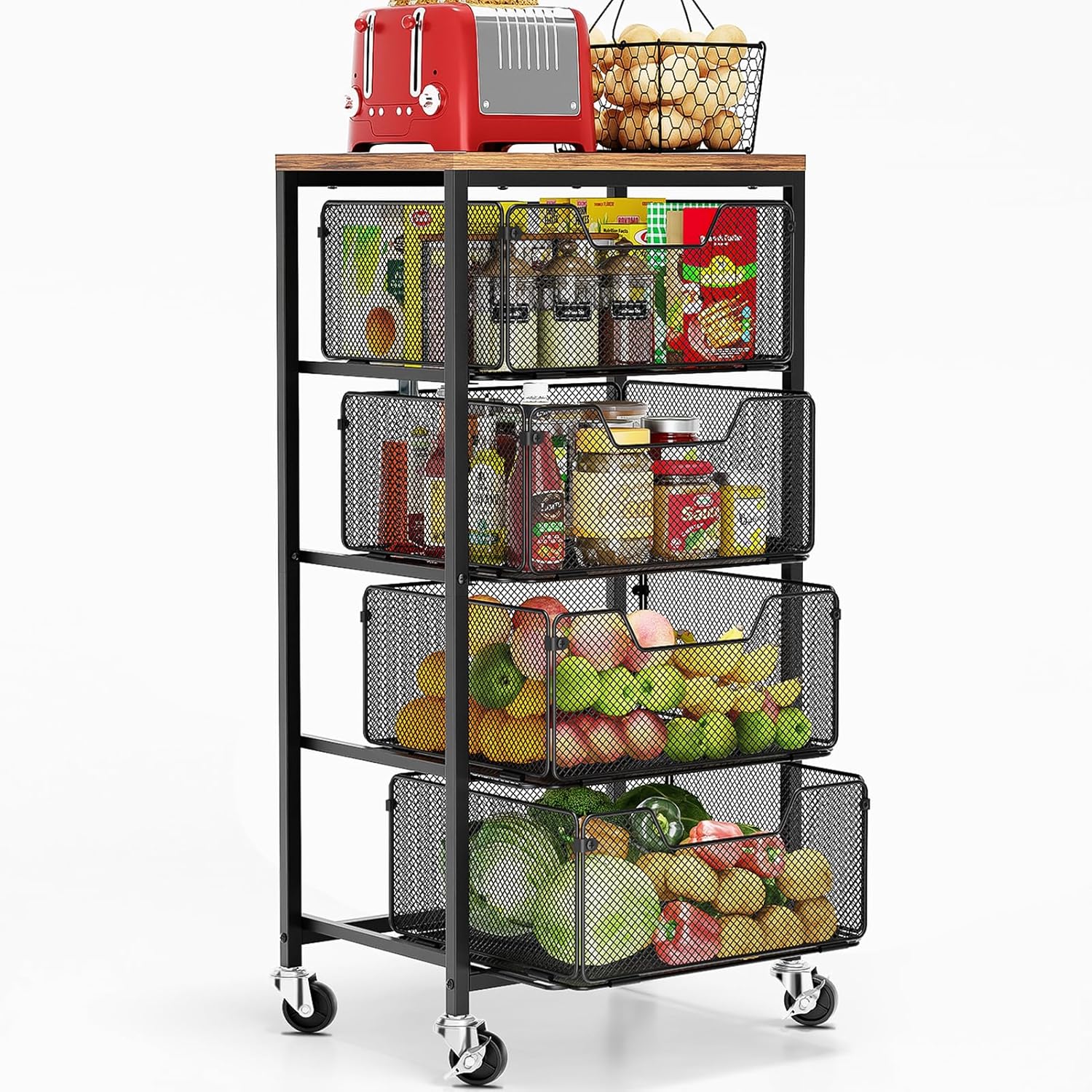 Goovilla 4-Tier Kitchen Rolling Cart with Drawers, Wooden Top, Lockable Wheels - Metal Utility Organizer for Fruits, Snacks, Crafts, Office (Black)