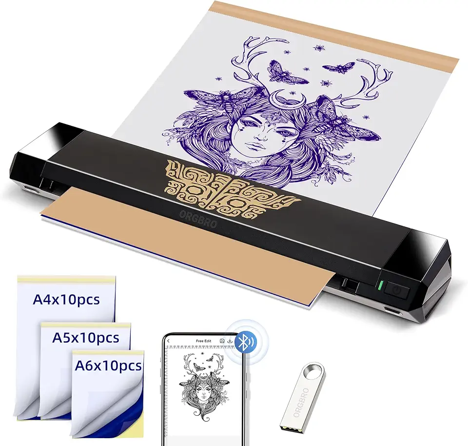 ORGBRO Impressora de estêncil de tatuagem, impressora térmica de transferência de tatuagem X8 com 30 peças de papel de transferência, máquina de tatuagem sem fio A4/A5/A6 3 em 1 para tatuadores e