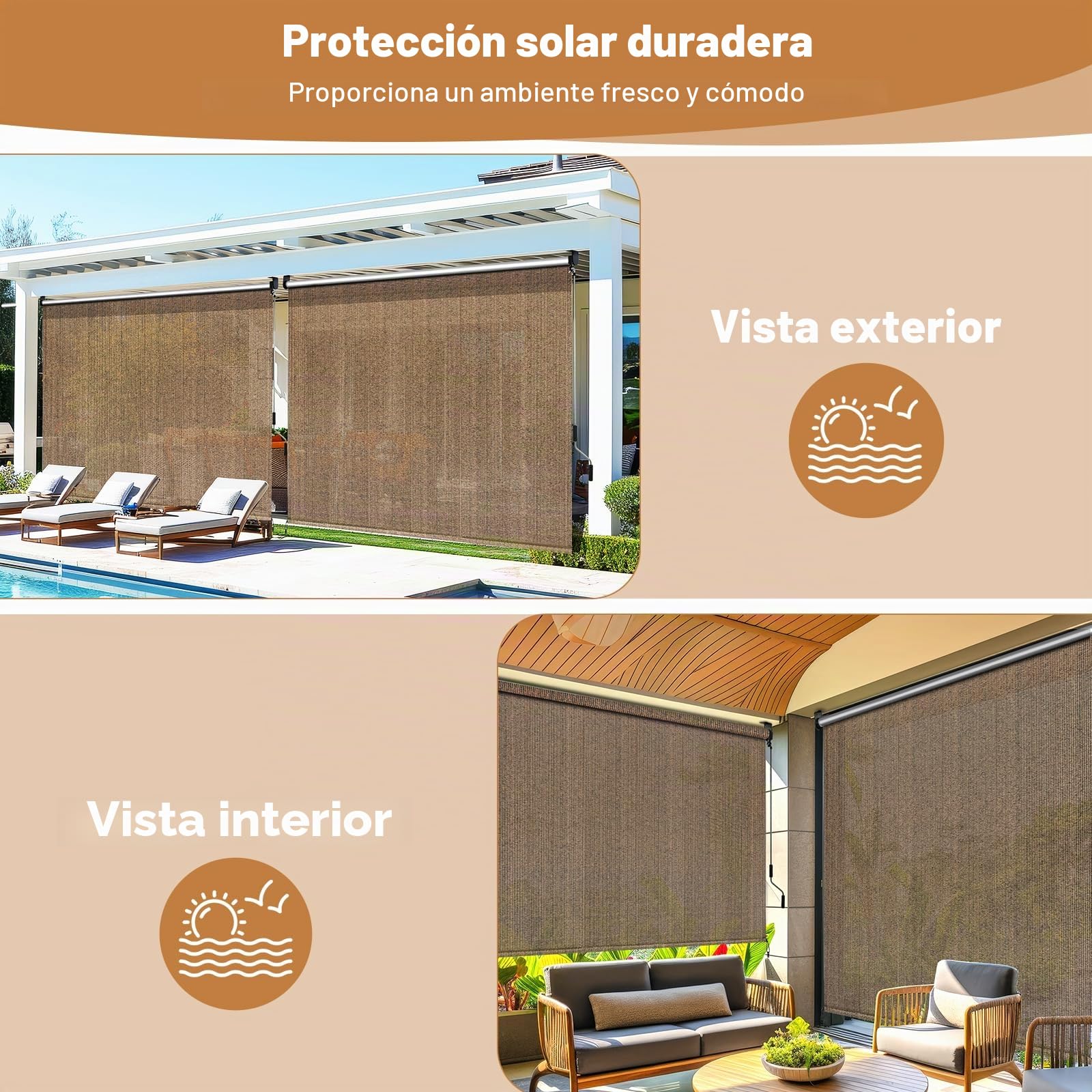 LIFERUN Toldo vertical de 180 x 180 cm, toldo vertical, HDPE para pérgola de terraza, toldo de balcón, tubo de aluminio con manivela inalámbrica, para balcón, terraza, jardín, marrón, 1 unidad