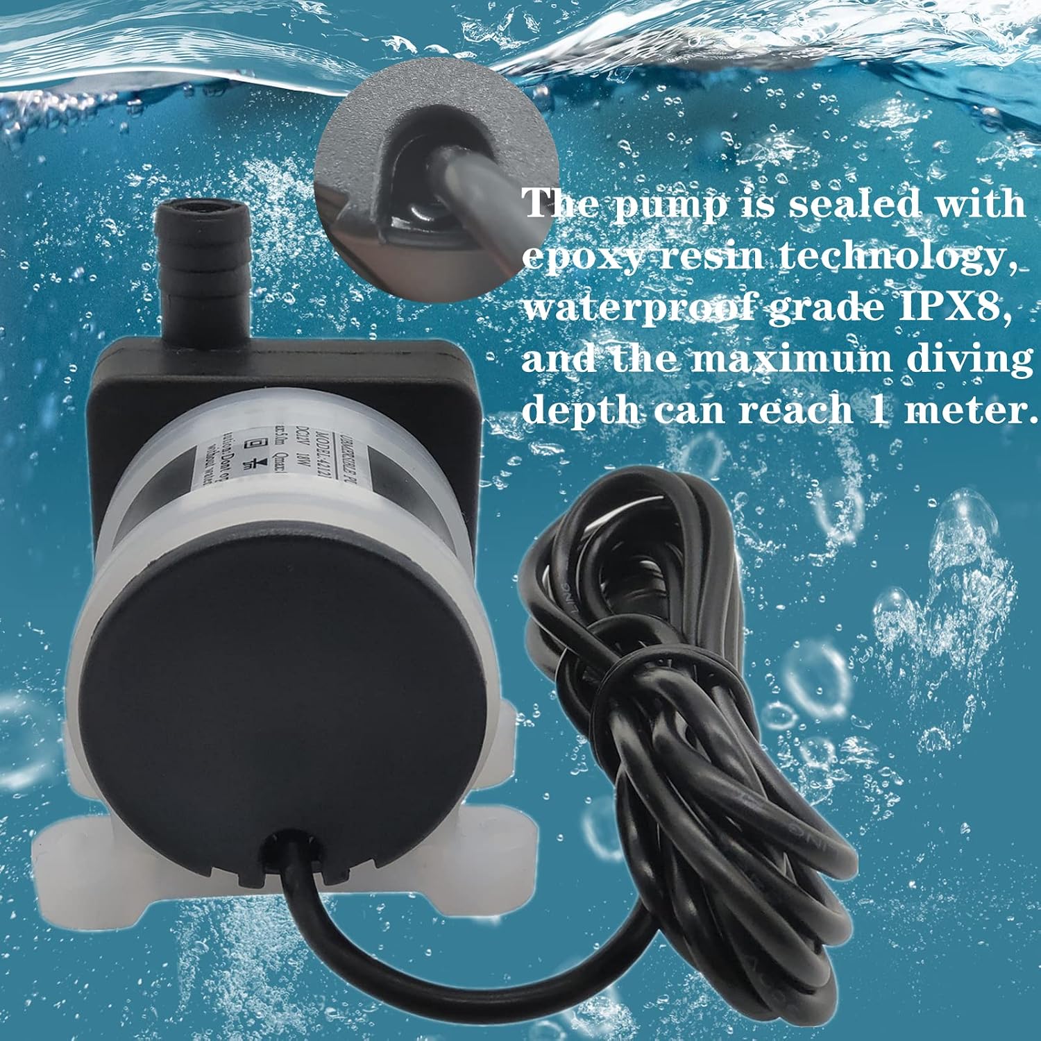 Image showing the submersible pump sealed with epoxy resin technology, highlighting its IPX8 waterproof rating and maximum diving depth of 1 meter.