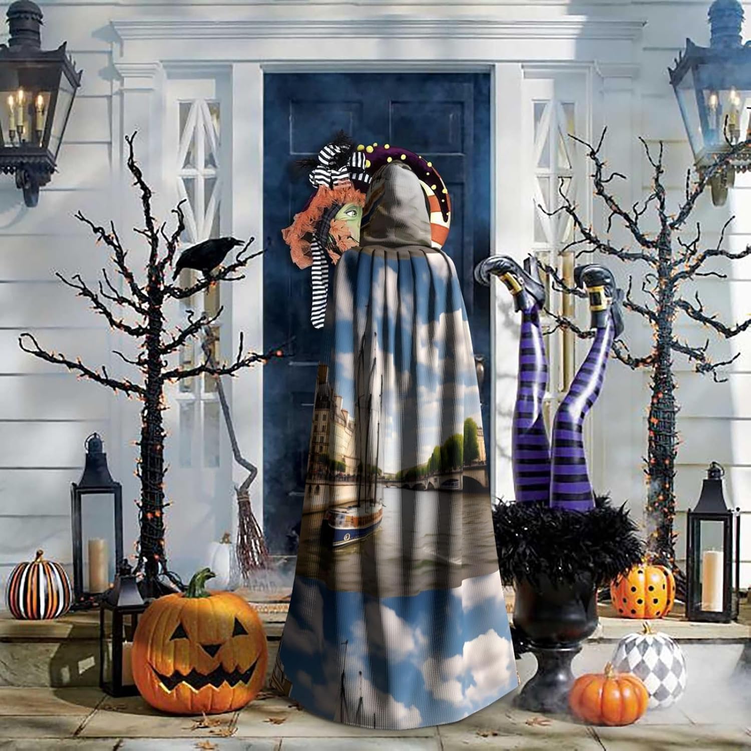 Seine Sailing Men Women Halloween Role Play Party Decoration Hooded Poncho Black
