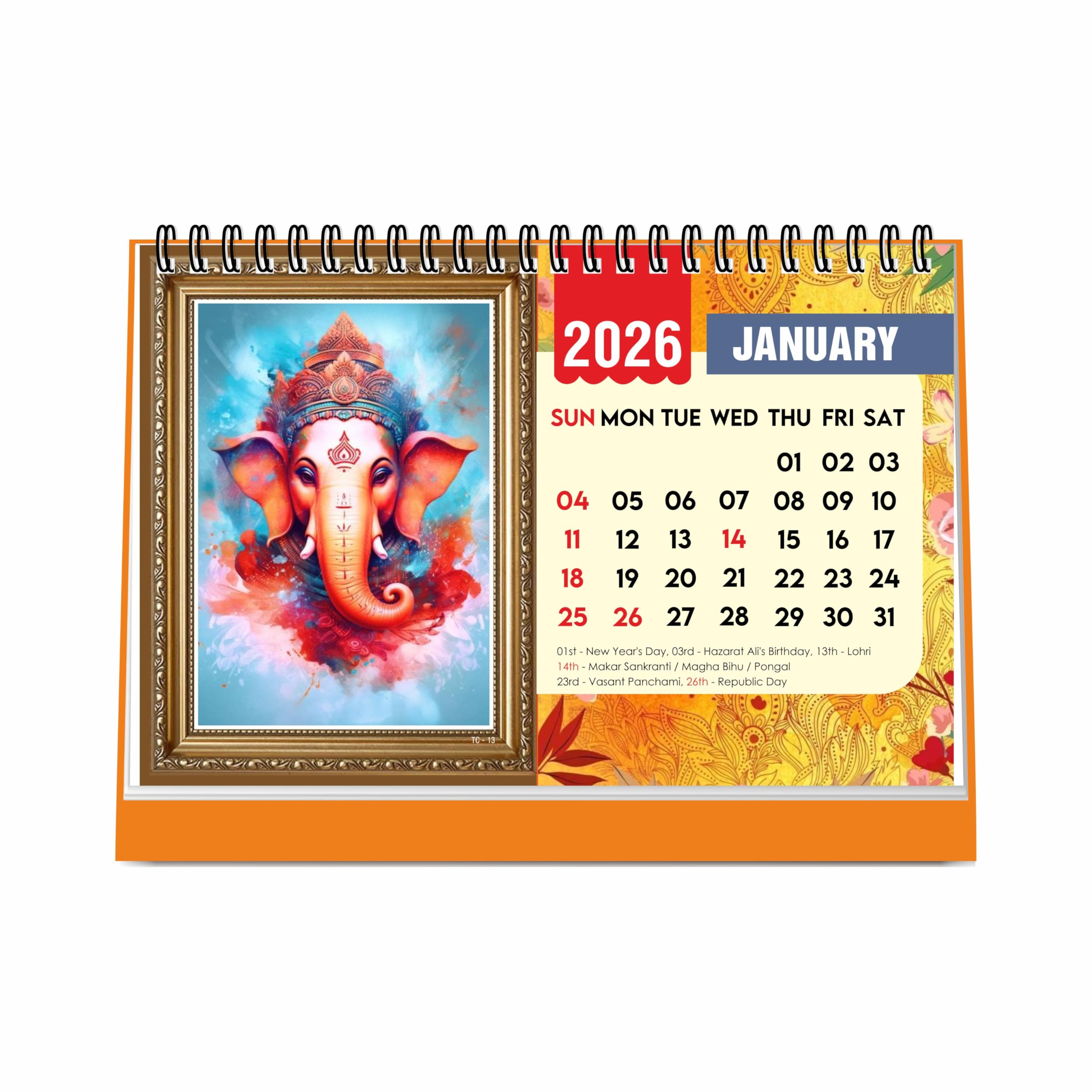 ESCAPER Lord Ganesha Stehender Flip-Desktop-Kalender 2024, 12 Monatsseiten mit dickem Papier, Doppeldrahtbindung, Tischkalender 2024 (A5, 21,6 x 14,0 cm)