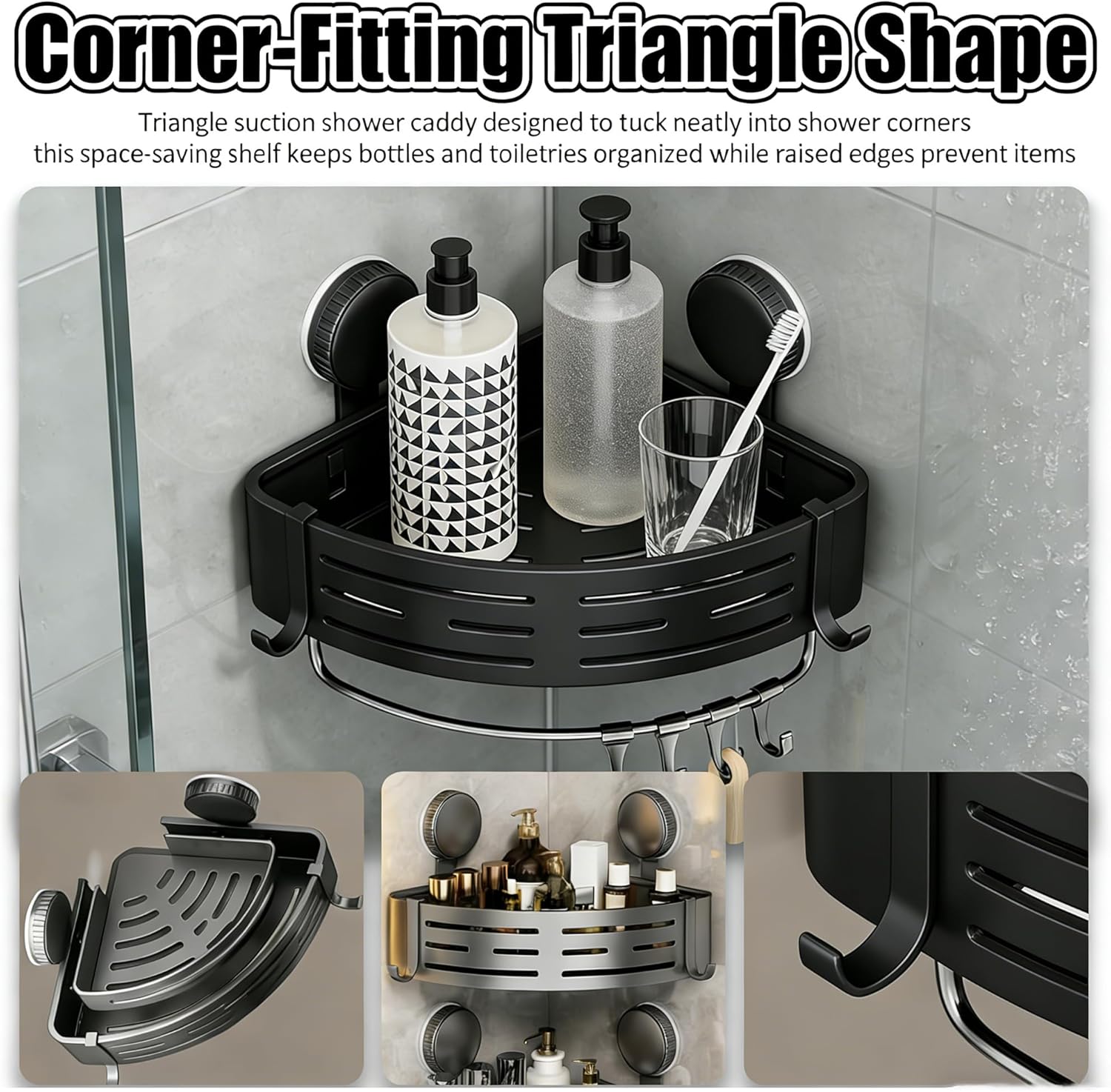 Triangle Suction Cup Shower Caddy, No Drill Bathroom Corner Shelf, 2-Tier Shower Organizer with Towel Bar & Hooks, Rust Resistant Shower Storage Rack for Bathroom (Black*3)