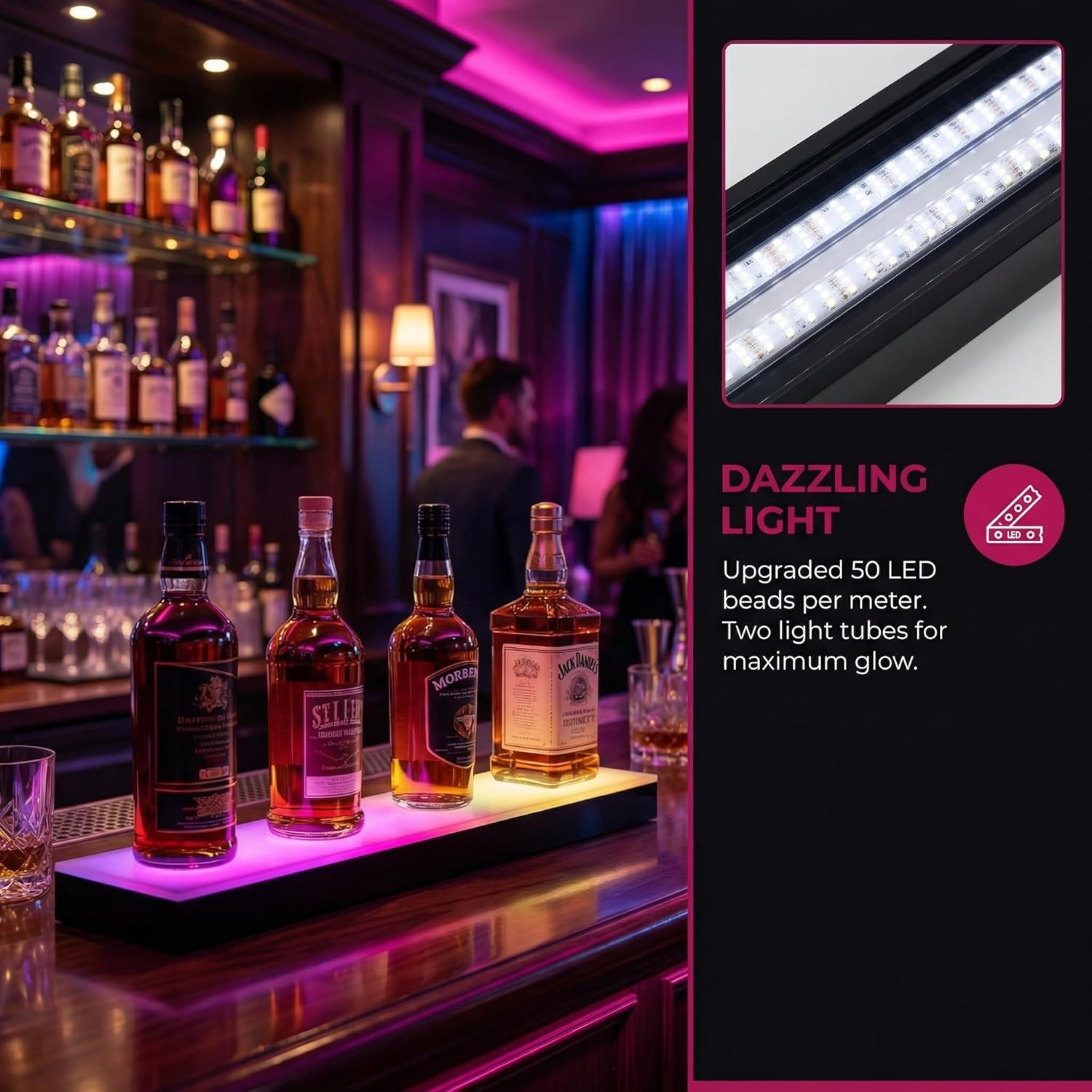 LED Lighted Liquor Bottle Display Shelf - 23.6" Acrylic Whiskey Rack with RF Remote & Music Sync, 1-Tier Illuminated Bar Shelf for Home Bar, Club, Party