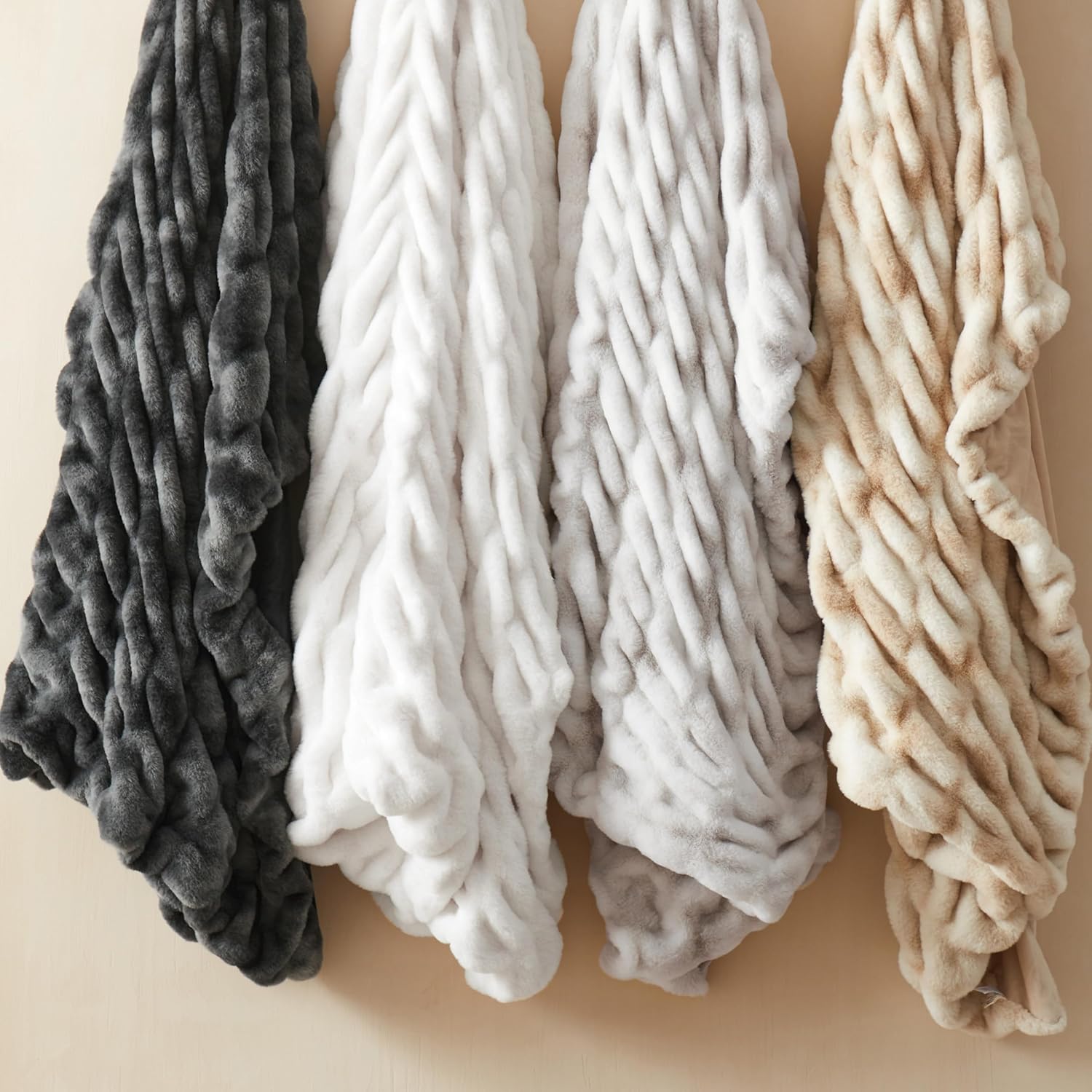 WDCOZY Ruched Faux Fur Throw Blanket Soft Cozy Fluffy Luxurious Blankets Couch Bed Sofa Chair Home Decor Warm Furry Fall Winter Plush Rabbit Fur Bubble Blanket 50" x 60", Caramel Beige Camel Neutral - Image 5