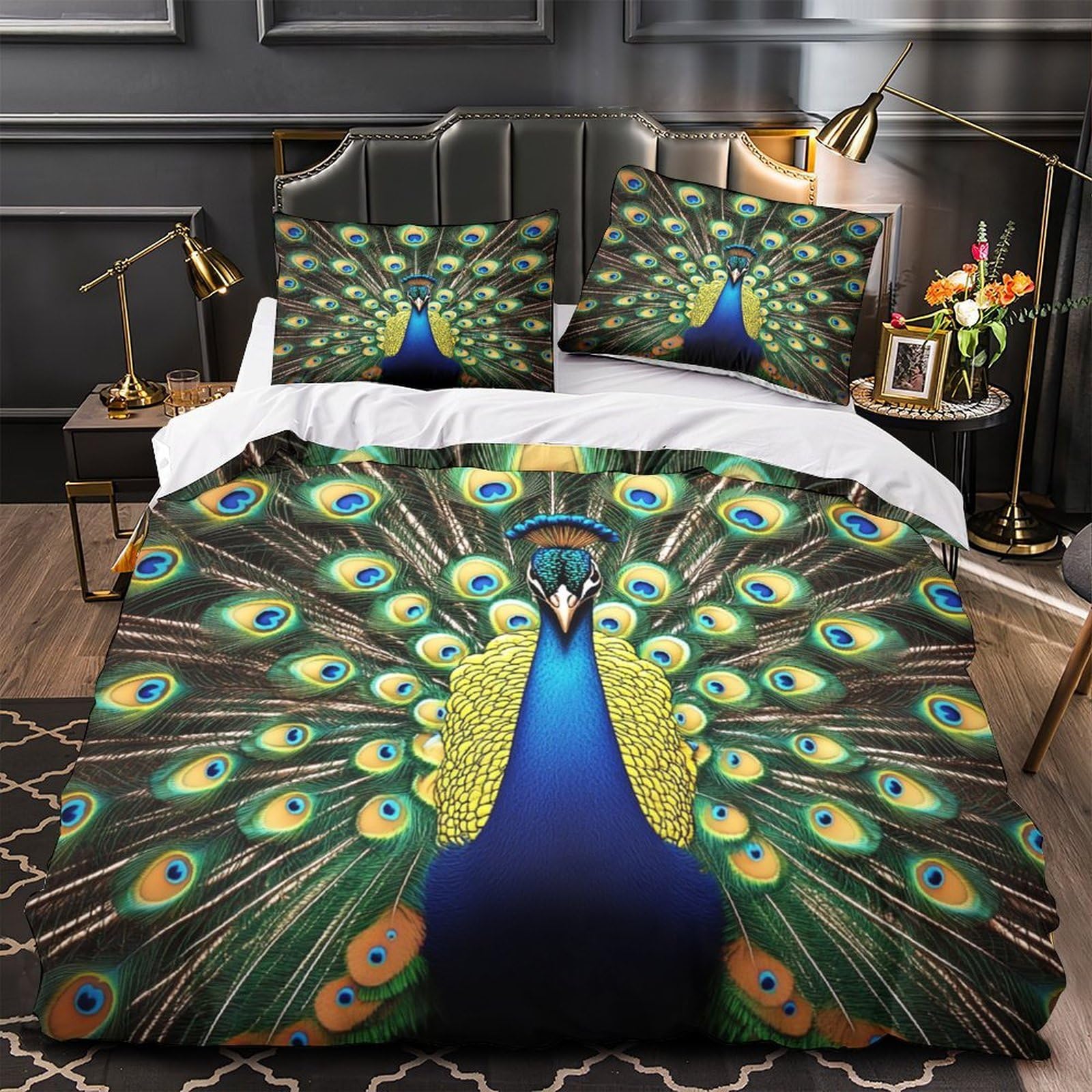 Housse de couette nature 3D paon vibrant pour une chambre d'adulte moderne et colorée