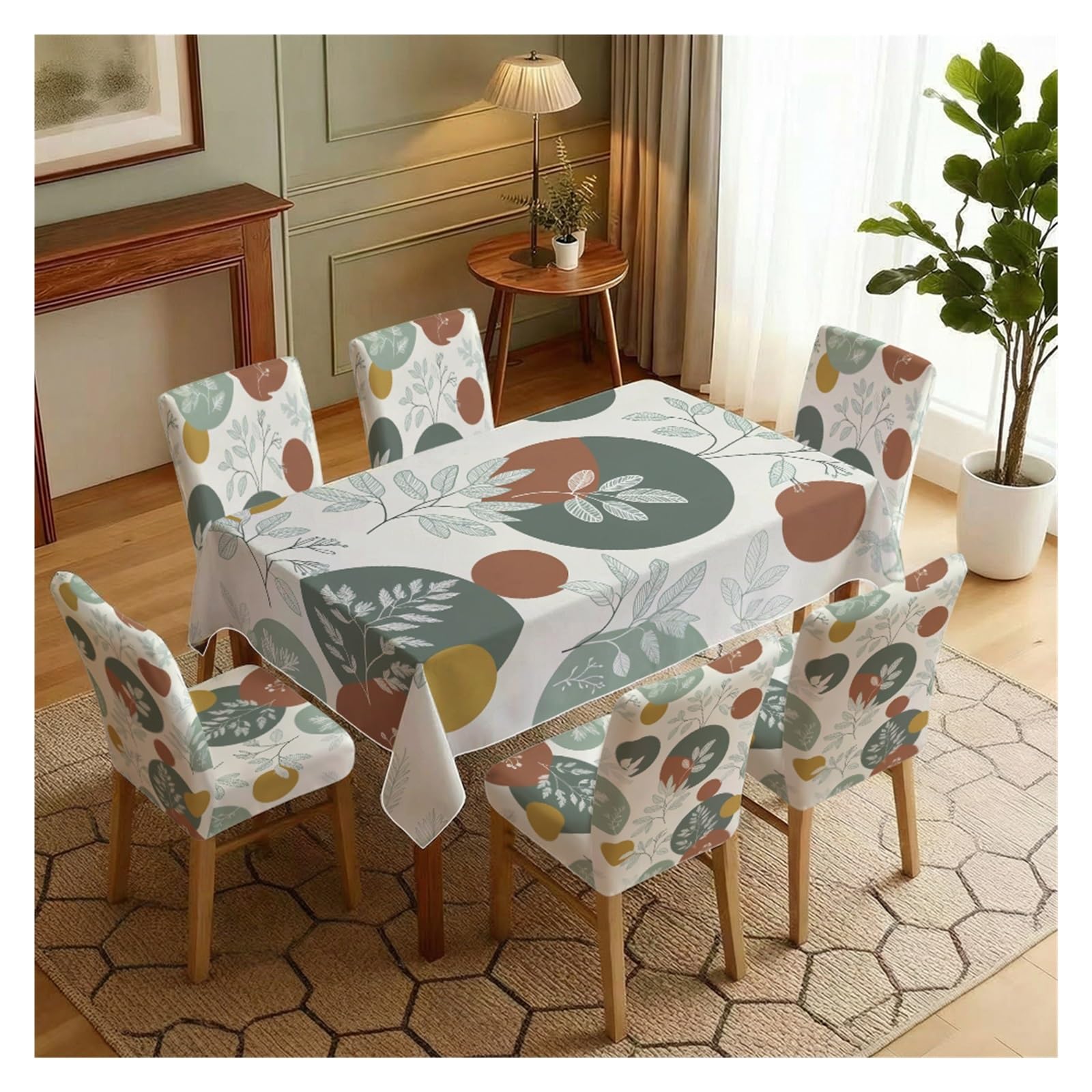BOSUYBN Mid Century Geometric Leaf Printed Dining Tablecloth & Chair Covers Set, 5/7 Piece Boho Modern Neutral Home Decor Table Setting(7pcs Set: Tablecloth+Chair Covers)