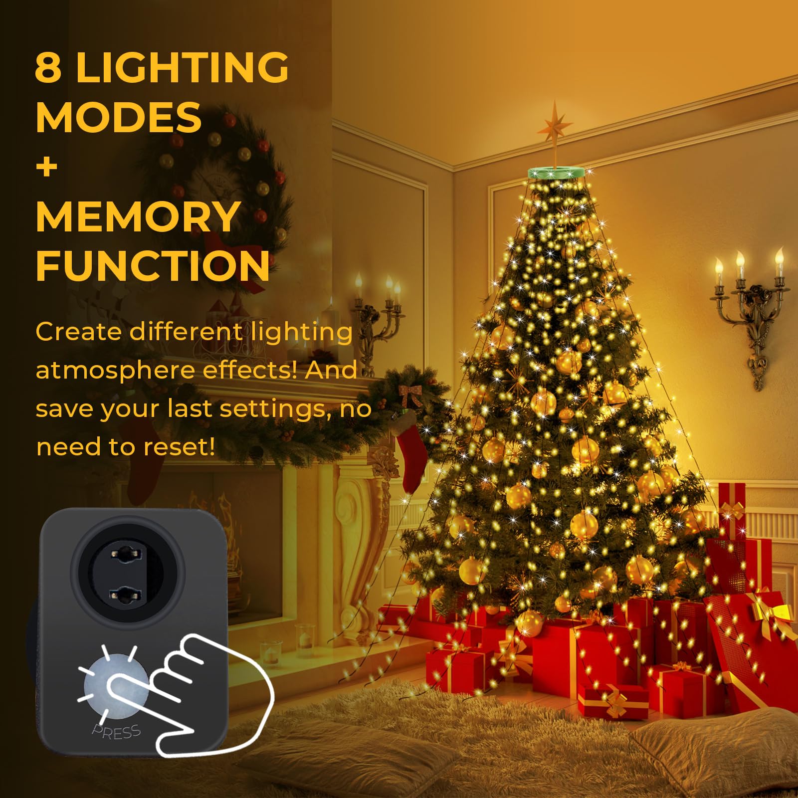 Laybasic Christmas Tree Lights with Ring, 3m x 16 Strands 480 LEDs Xmas Tree Waterfall Lights, with Timer 8 Modes Memory, for 9-12ft Christmas Tree, IP44 Waterproof for Indoor Outdoor - Image 2